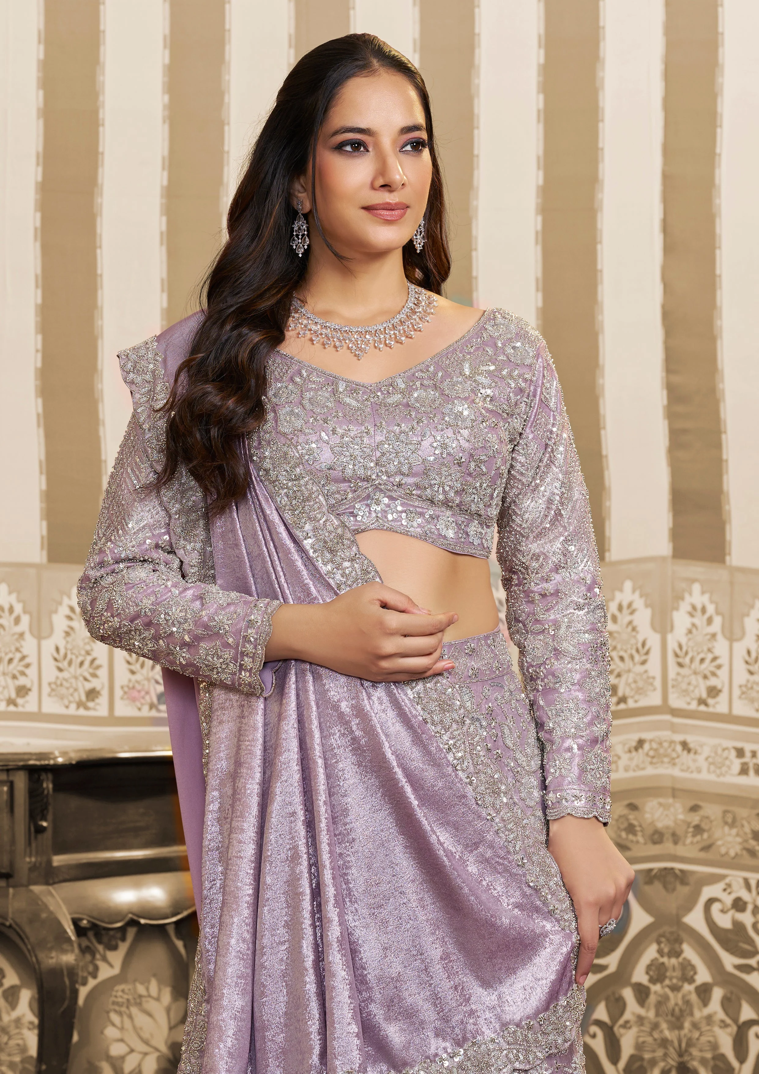 Lavender Embellished Satin Silk Lehenga Saree - Image 3