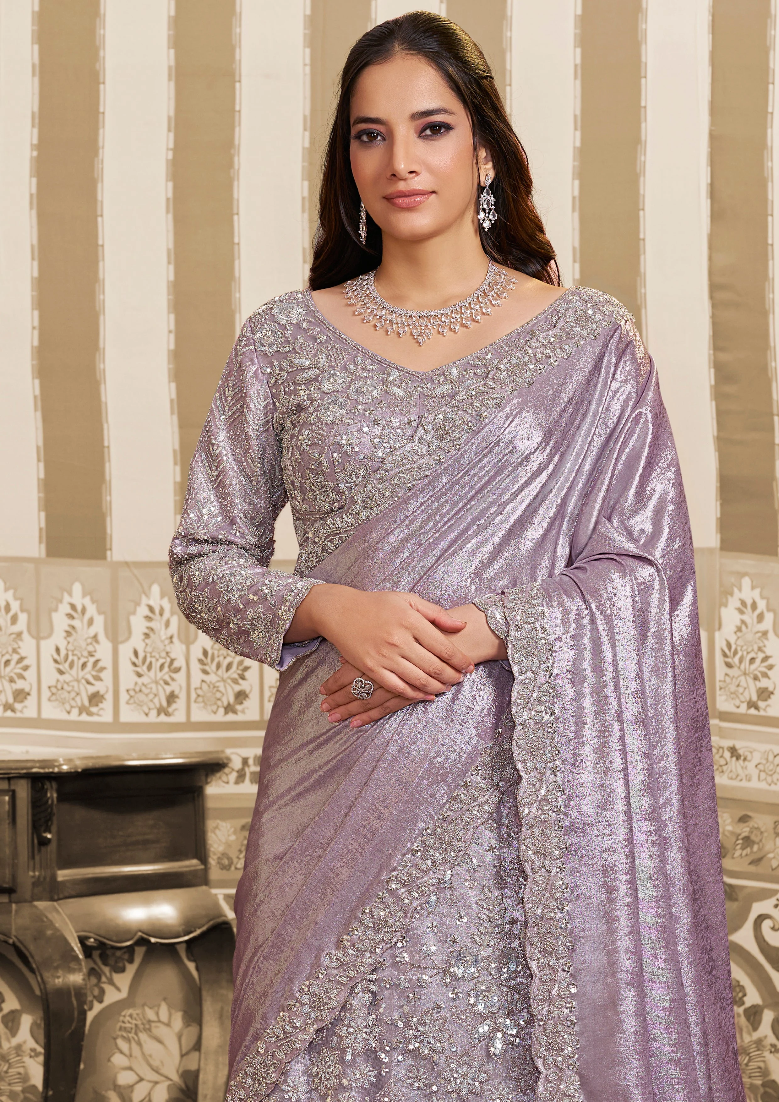 Lavender Embellished Satin Silk Lehenga Saree - Image 4