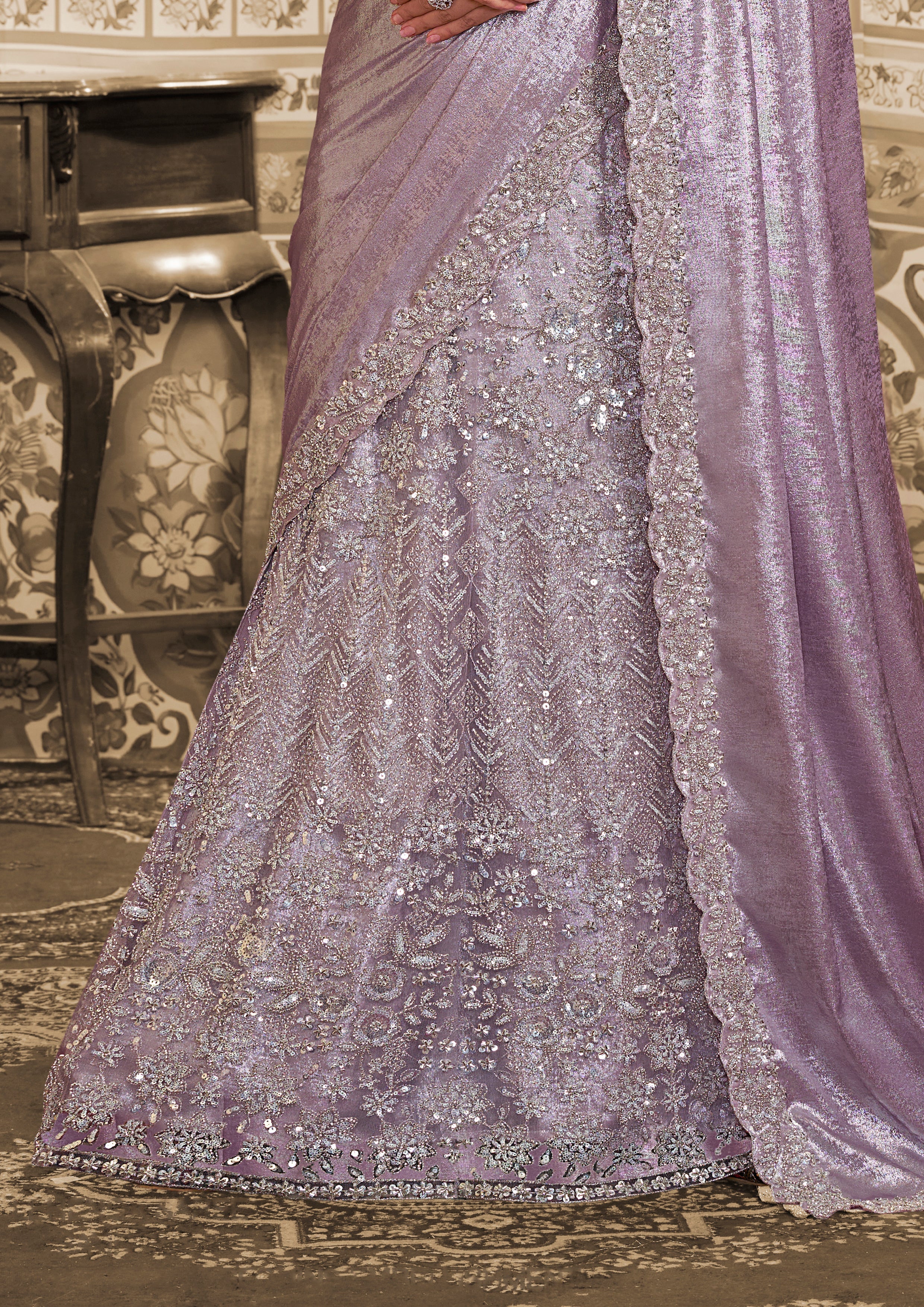 Lavender Embellished Satin Silk Lehenga Saree - Image 6