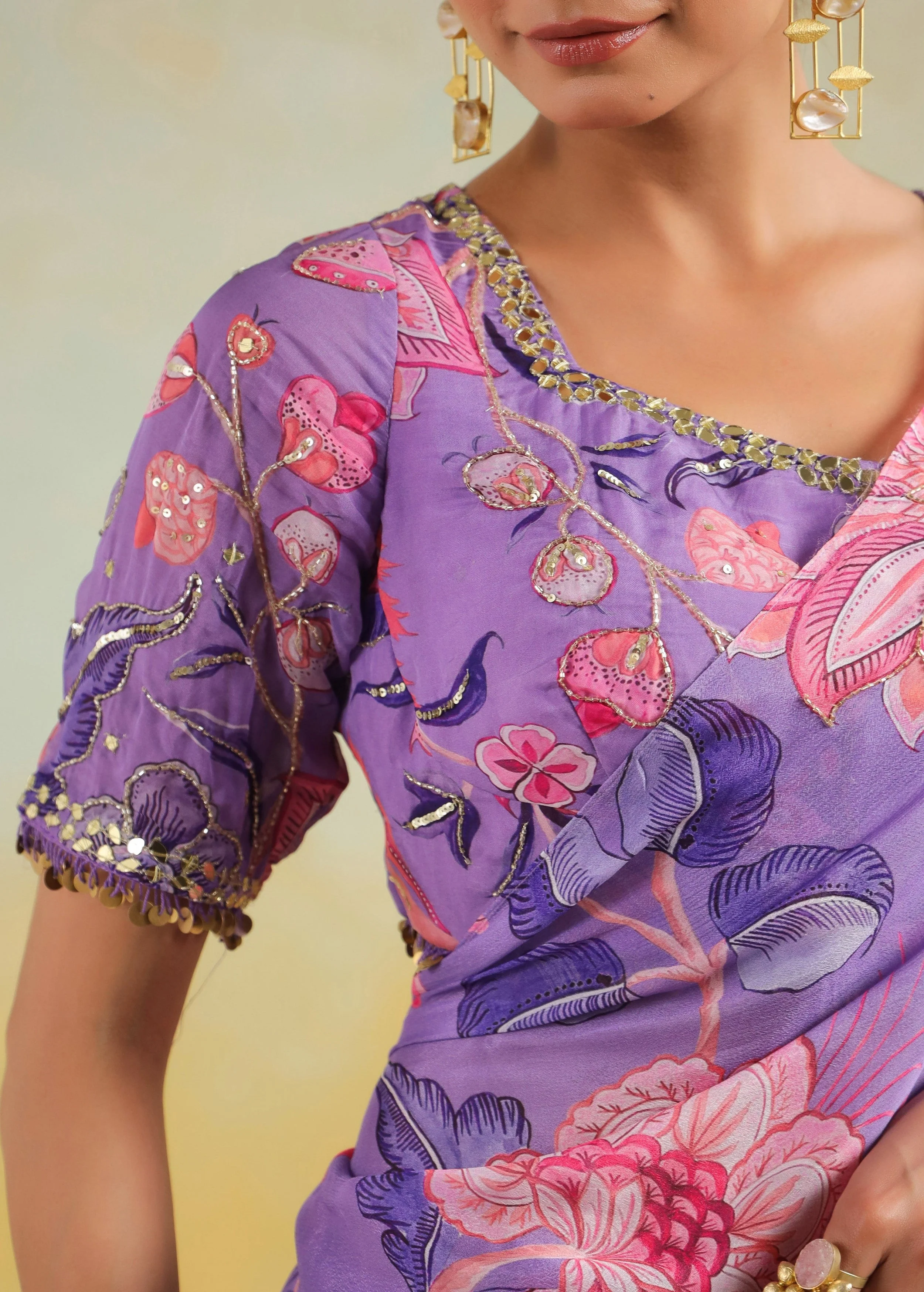 Lavender Printed Chinon Silk Saree - Image 2