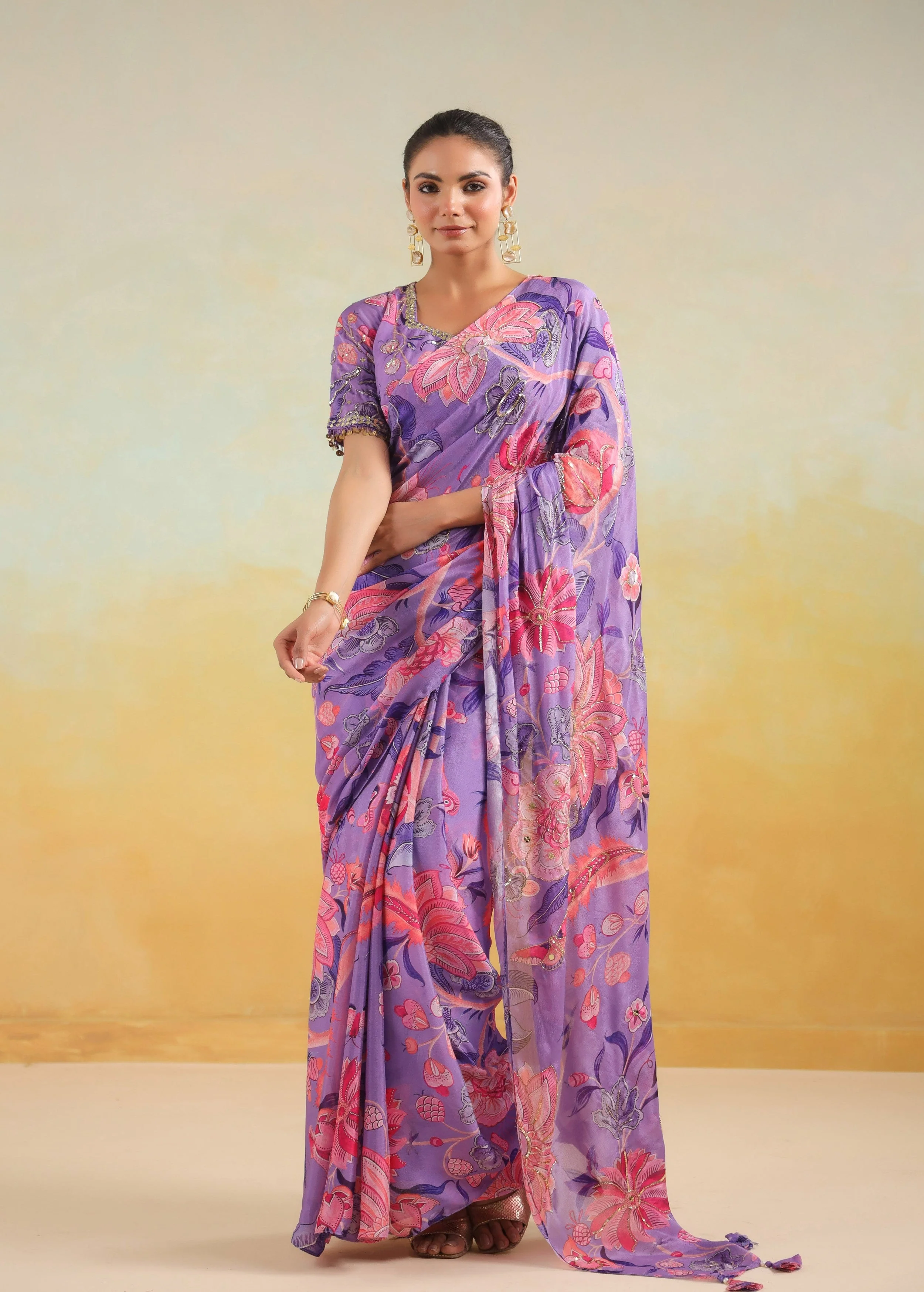 Lavender Printed Chinon Silk Saree - Image 5
