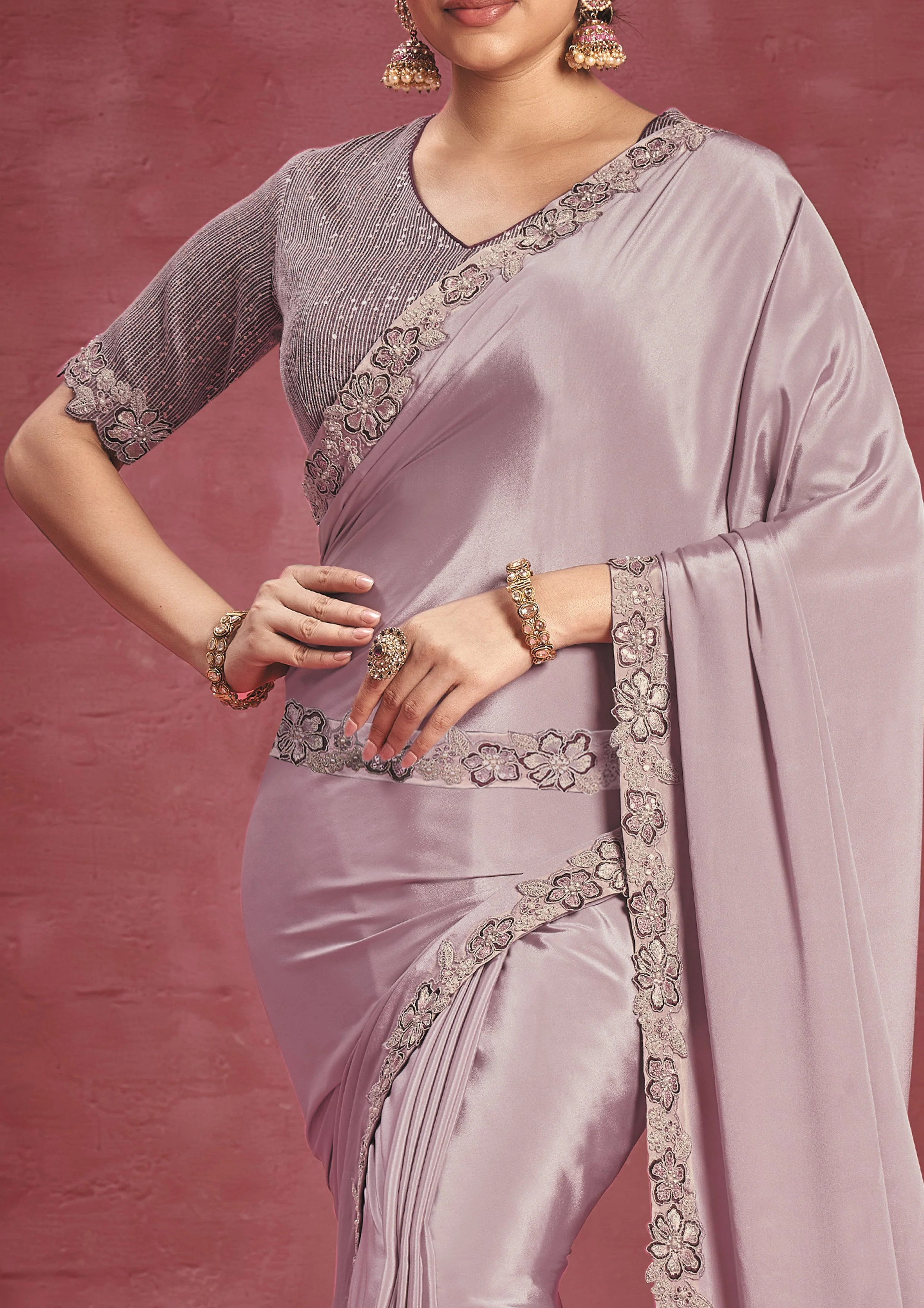 Lavender Purple Embellished Crepe Silk Saree - Image 2
