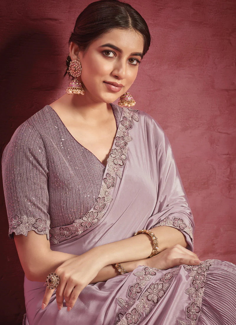 Lavender Purple Embellished Crepe Silk Saree - Image 3