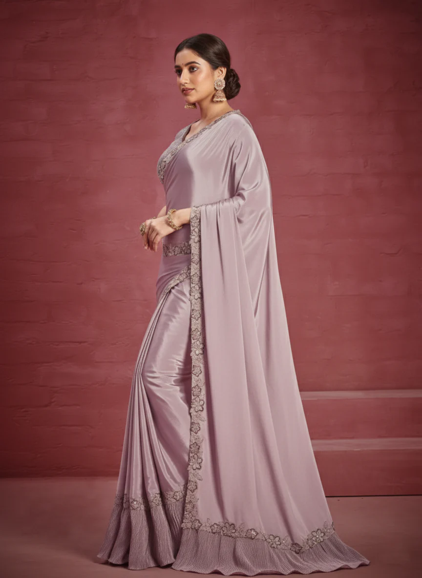Lavender Purple Embellished Crepe Silk Saree - Image 5