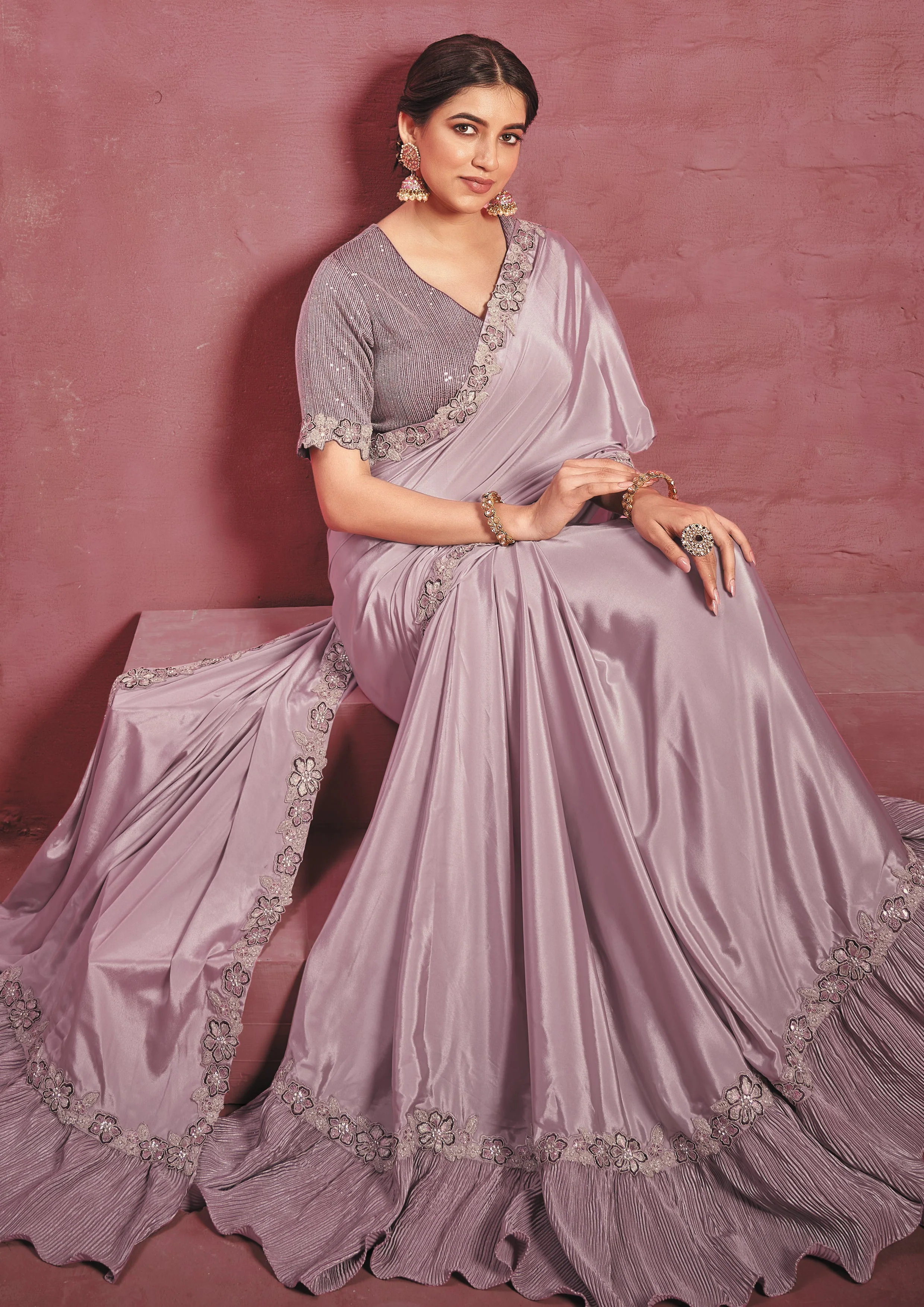Lavender Purple Embellished Crepe Silk Saree - Image 6