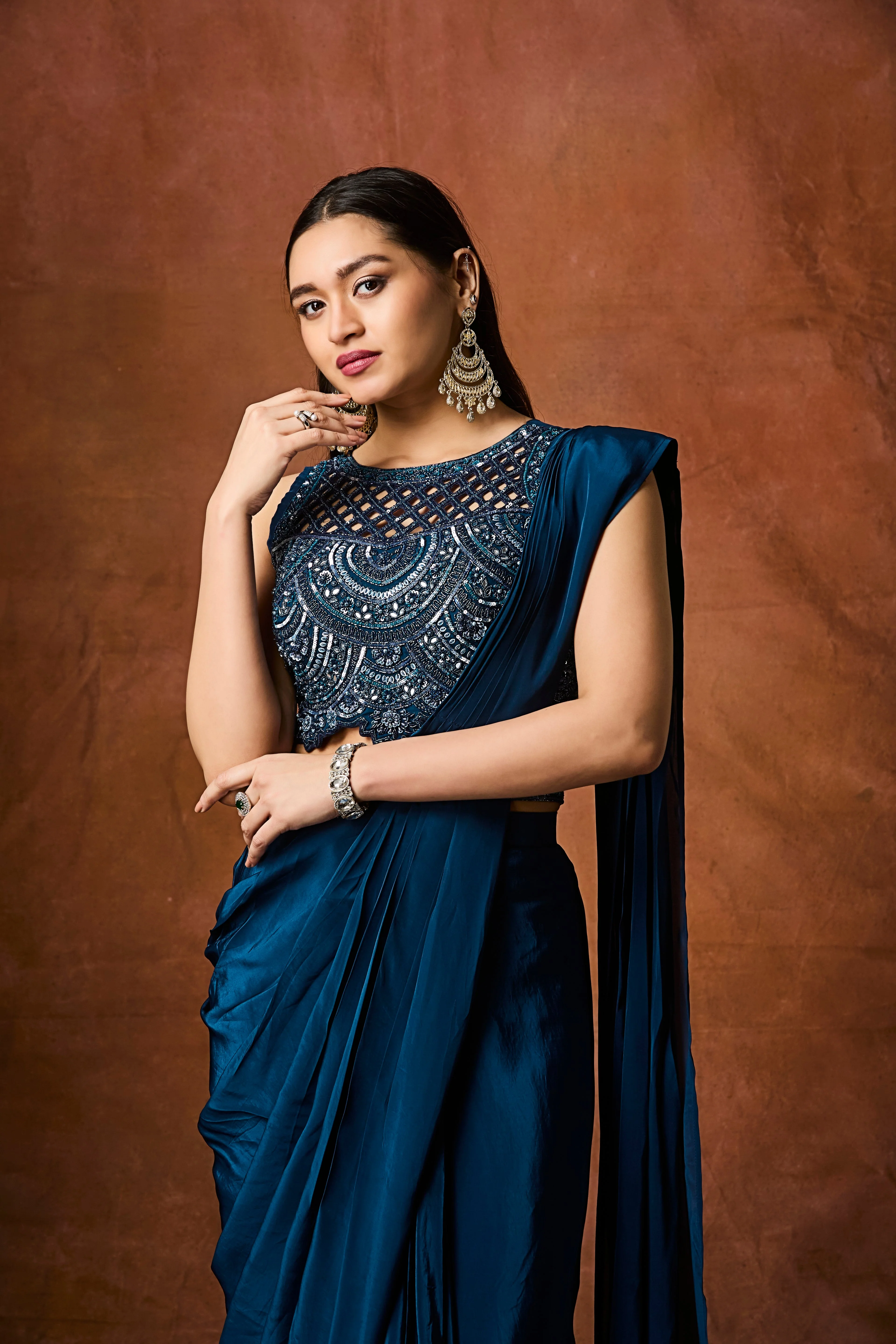 Jade Blue Embellished Crepe Silk Drape Saree - Image 2
