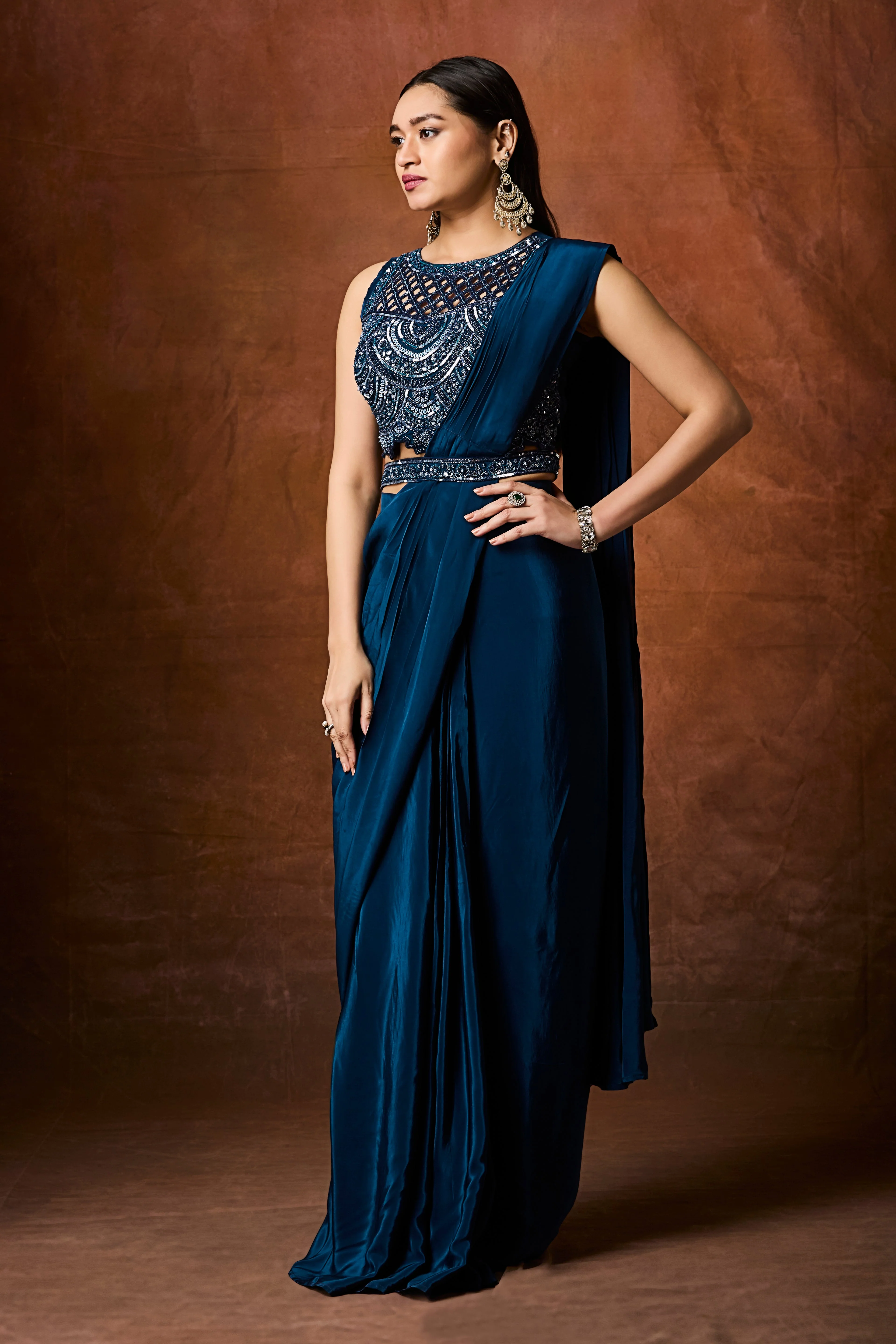 Jade Blue Embellished Crepe Silk Drape Saree - Image 3