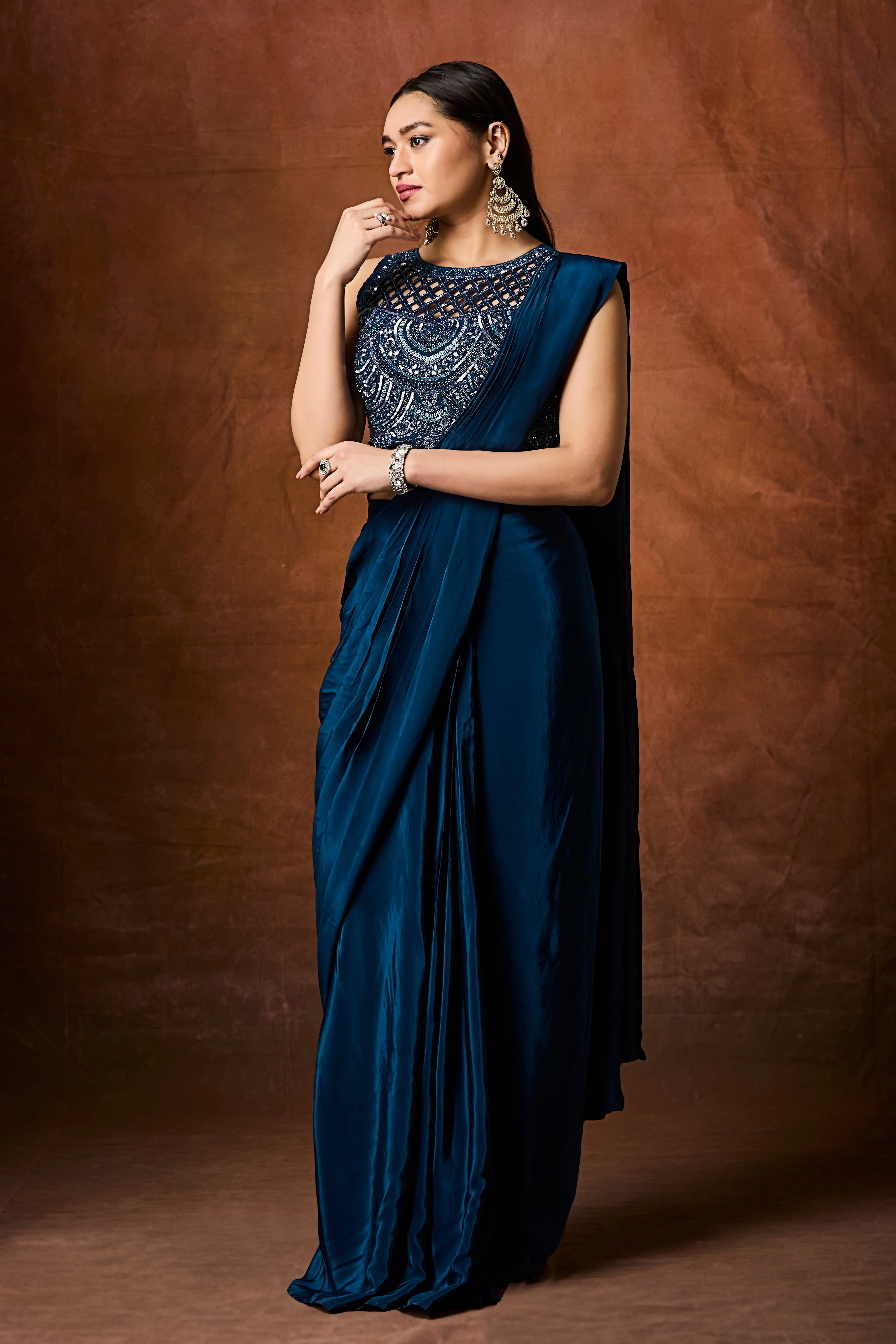 Jade Blue Embellished Crepe Silk Drape Saree - Image 4