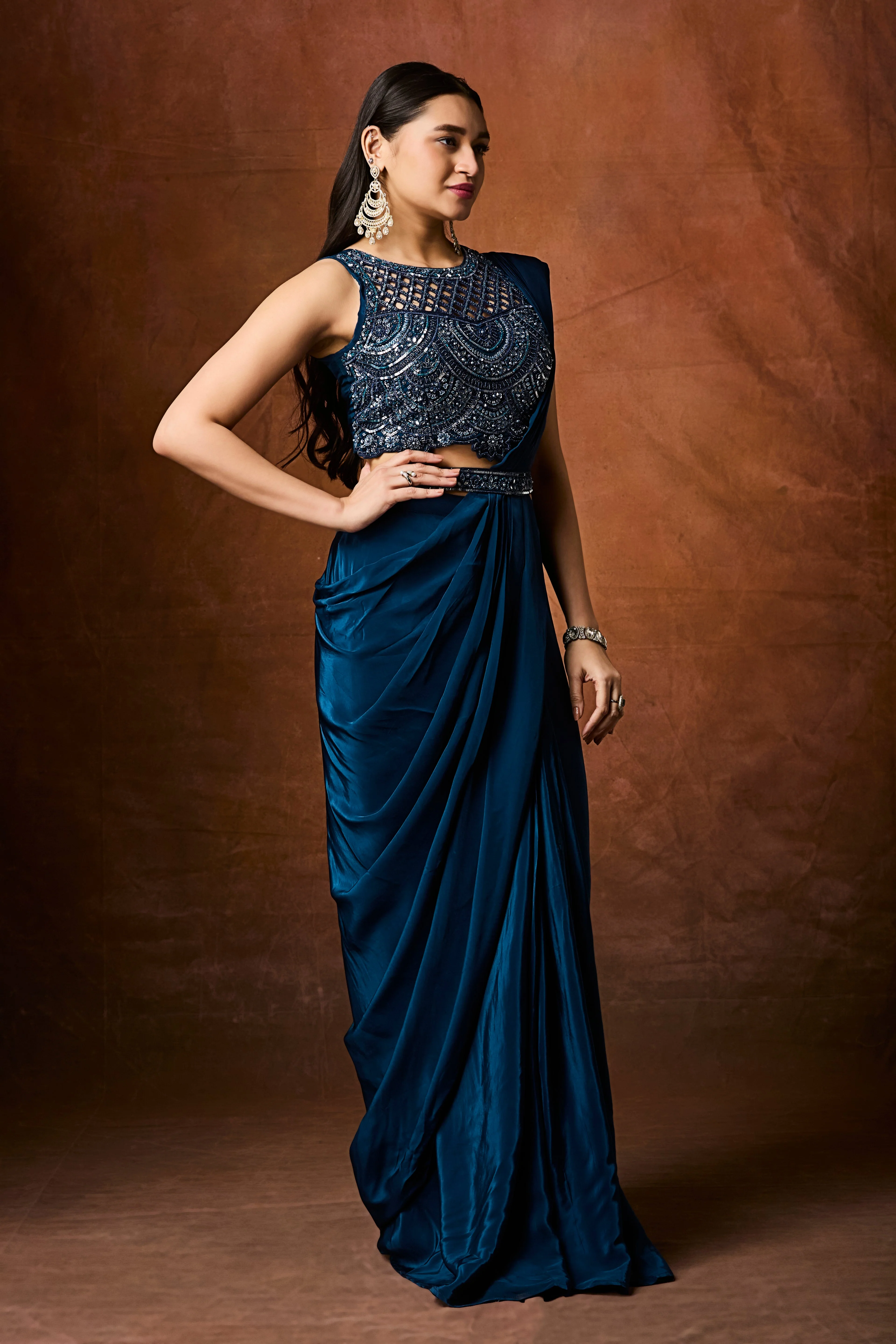 Jade Blue Embellished Crepe Silk Drape Saree - Image 5