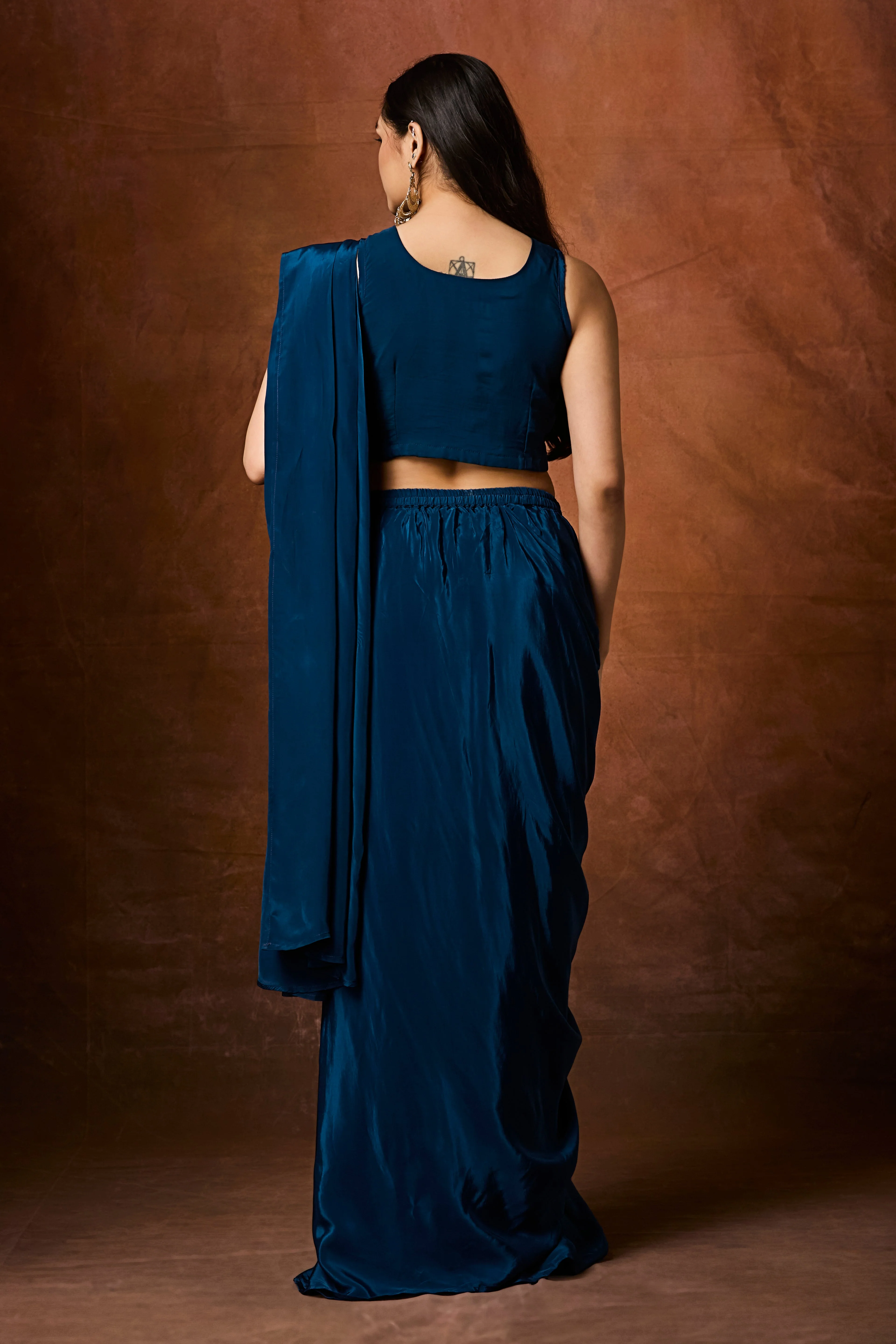 Jade Blue Embellished Crepe Silk Drape Saree - Image 6