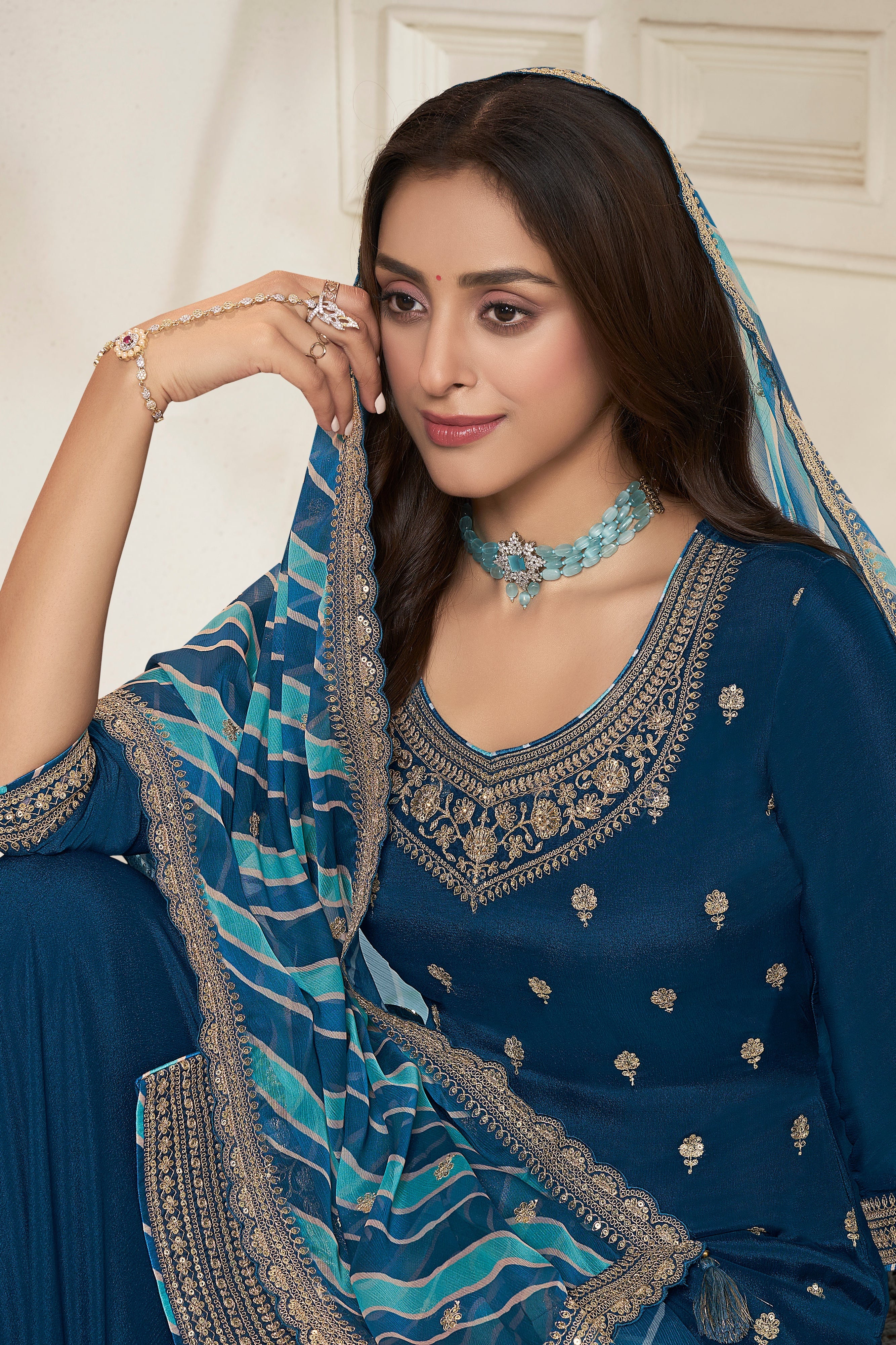 Sapphire Blue Leheriya Kurta & Palazzo Set - Image 2