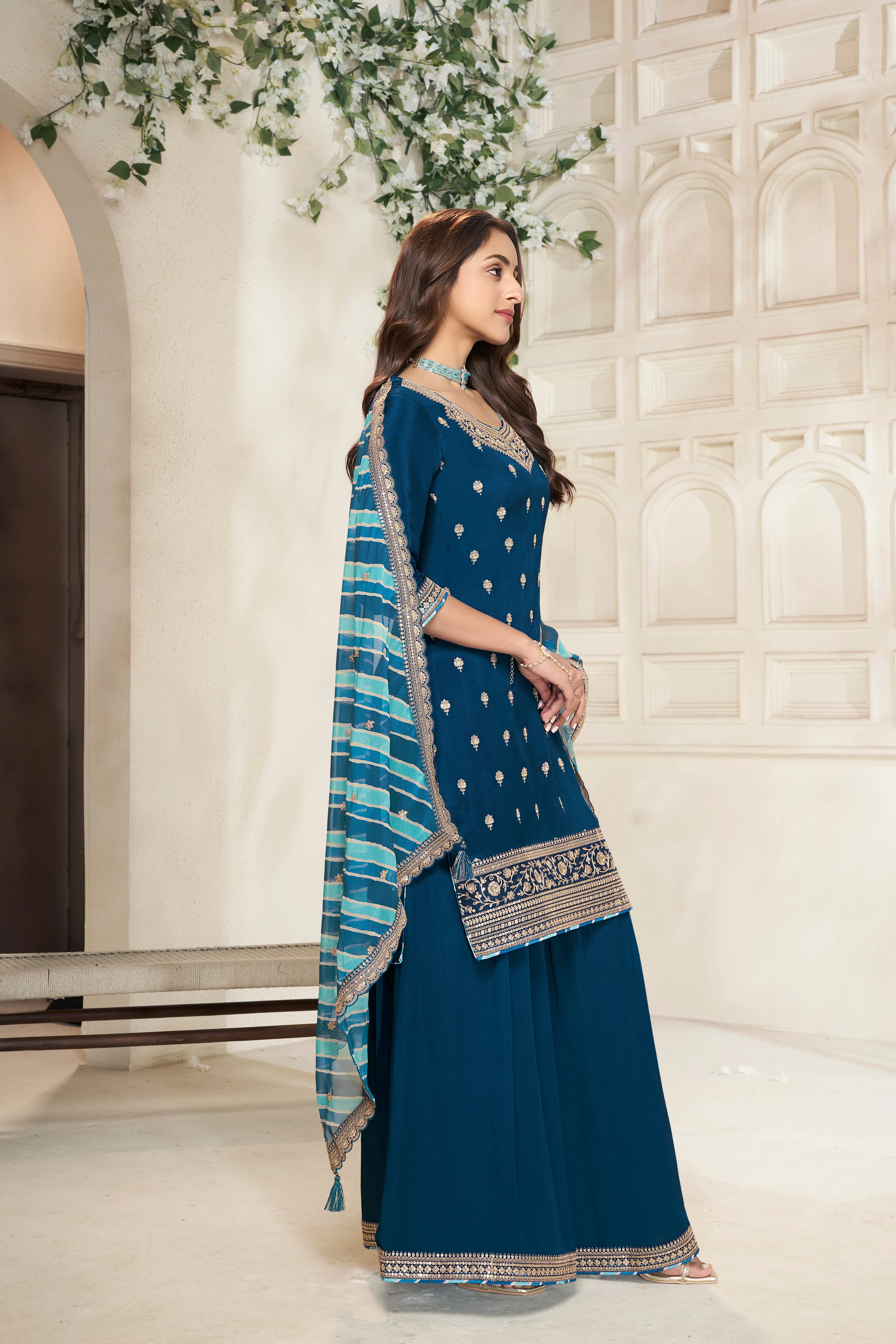 Sapphire Blue Leheriya Kurta & Palazzo Set - Image 3