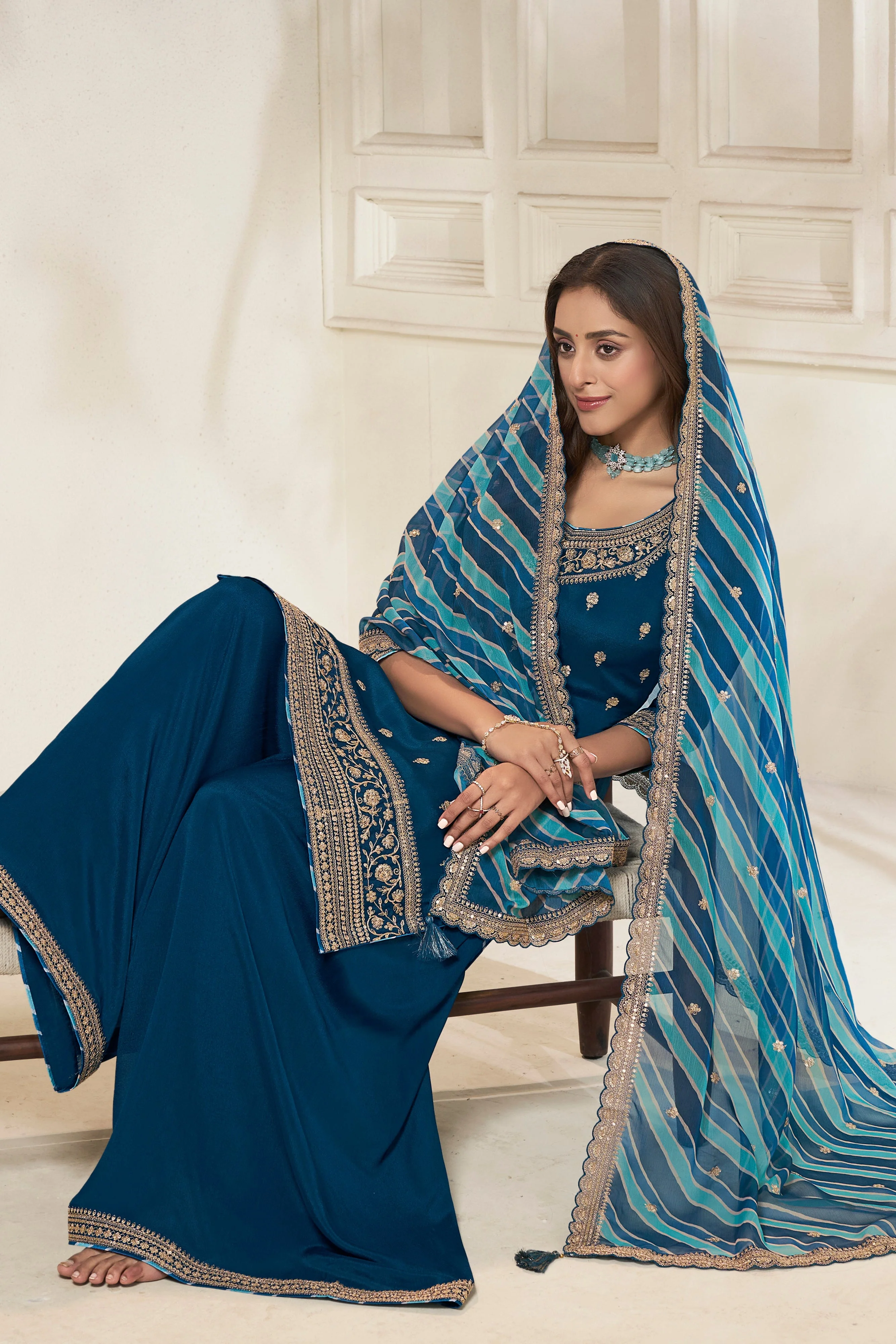 Sapphire Blue Leheriya Kurta & Palazzo Set - Image 5
