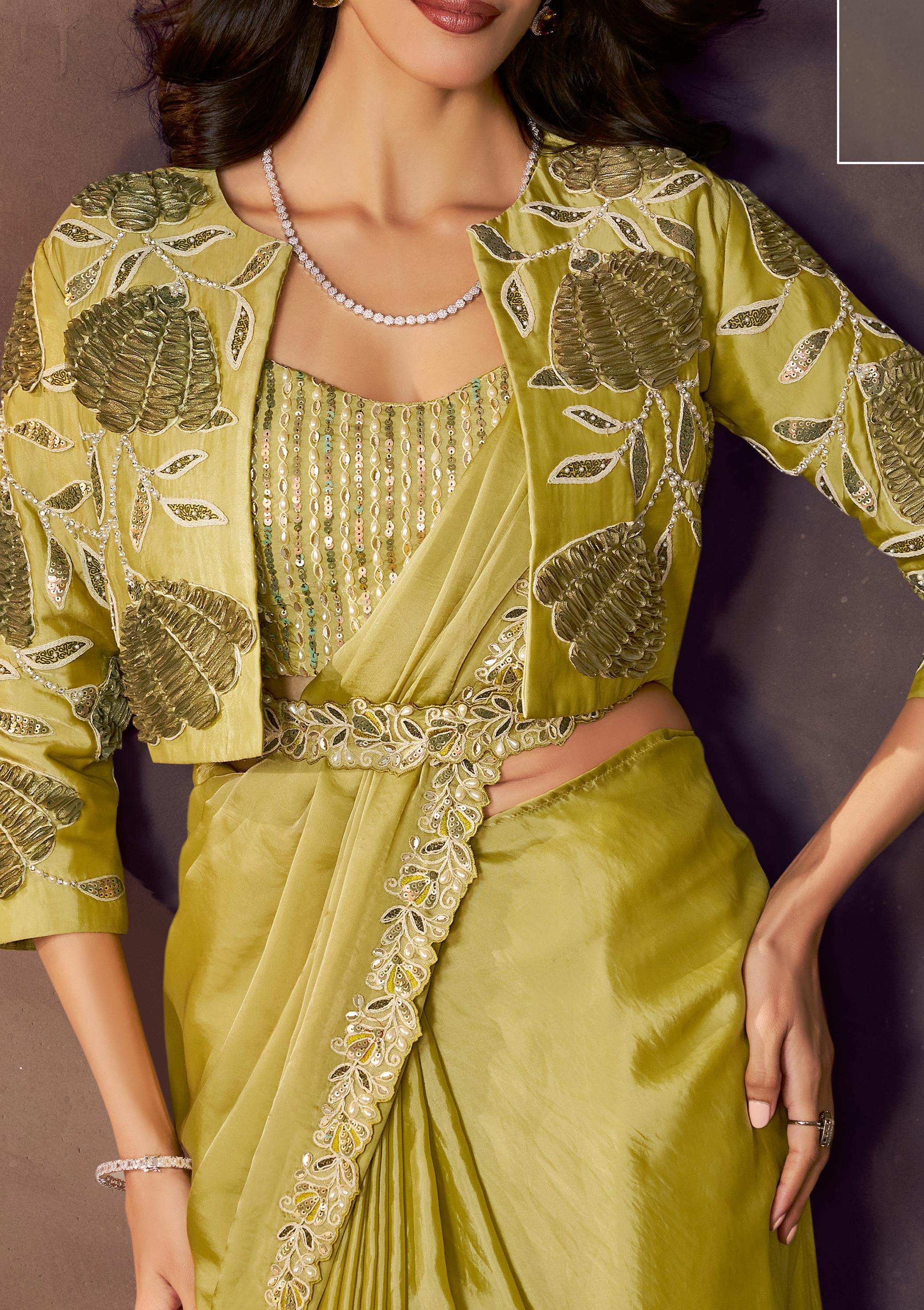 Lime Green Embellished Satin Silk Draped Saree - Image 2