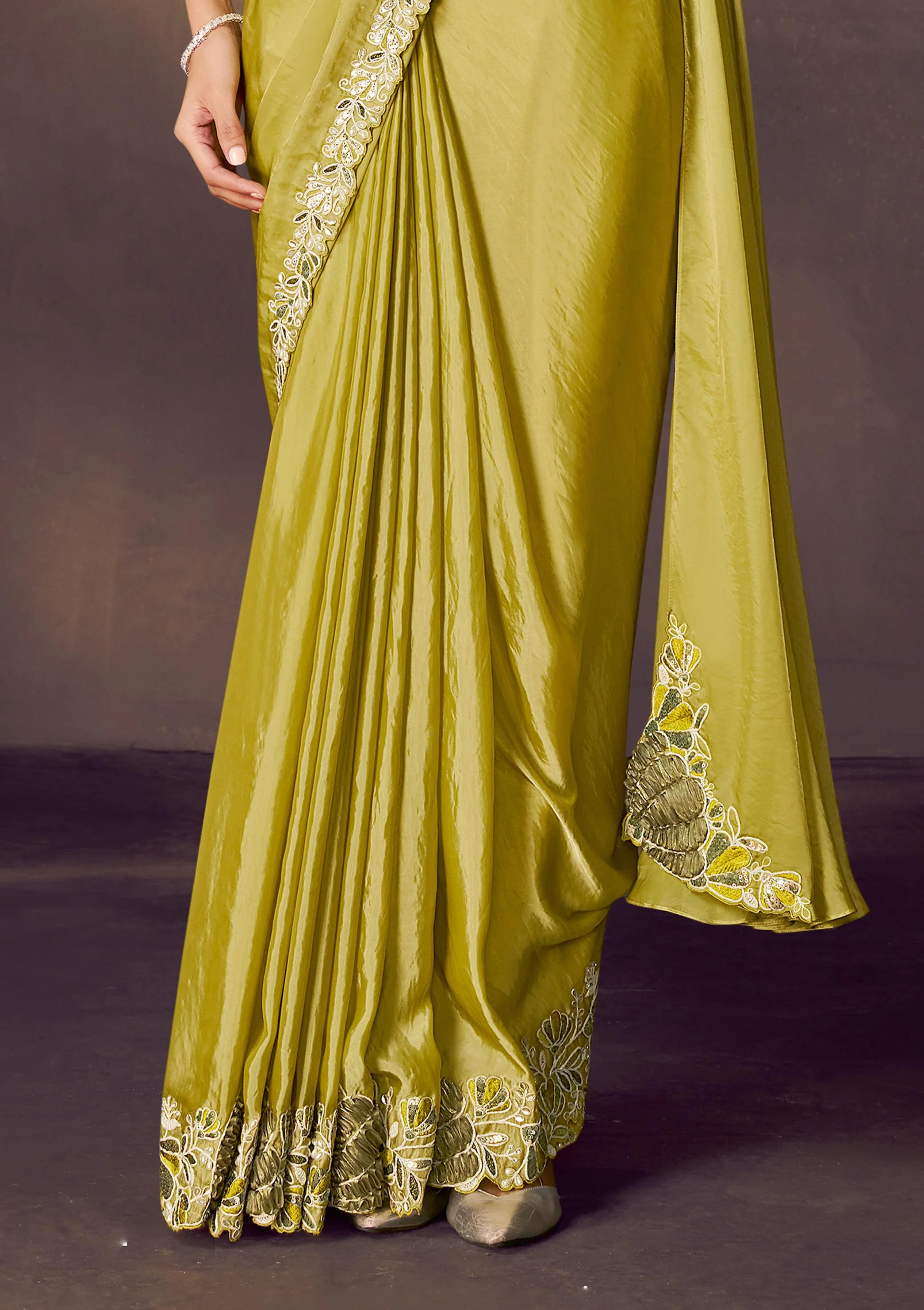 Lime Green Embellished Satin Silk Draped Saree - Image 4