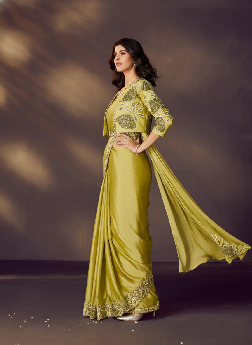Lime Green Embellished Satin Silk Draped Saree - Image 5