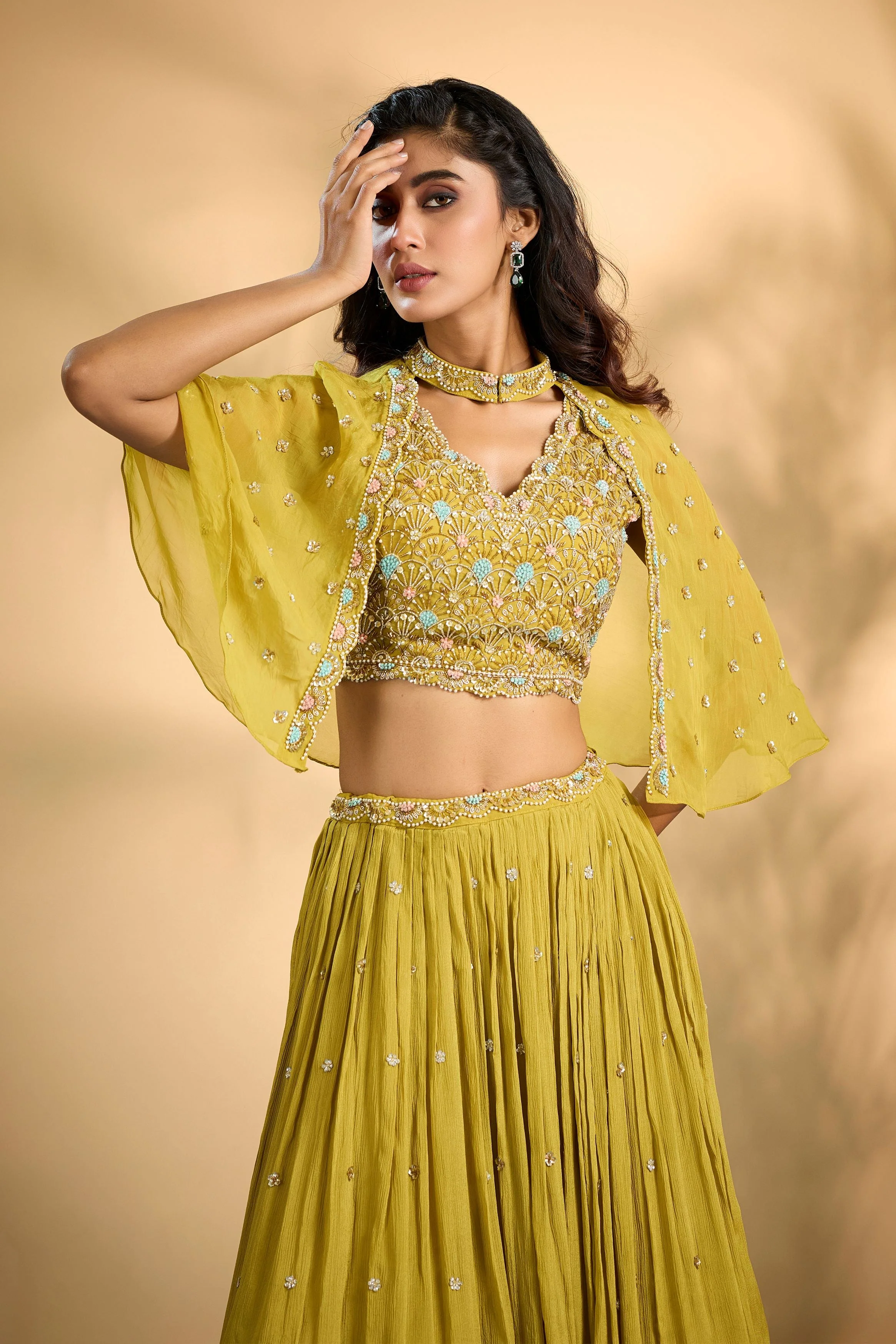 Lemon Yellow Embellished Chinon Silk Cape-Skirt Set - Image 2
