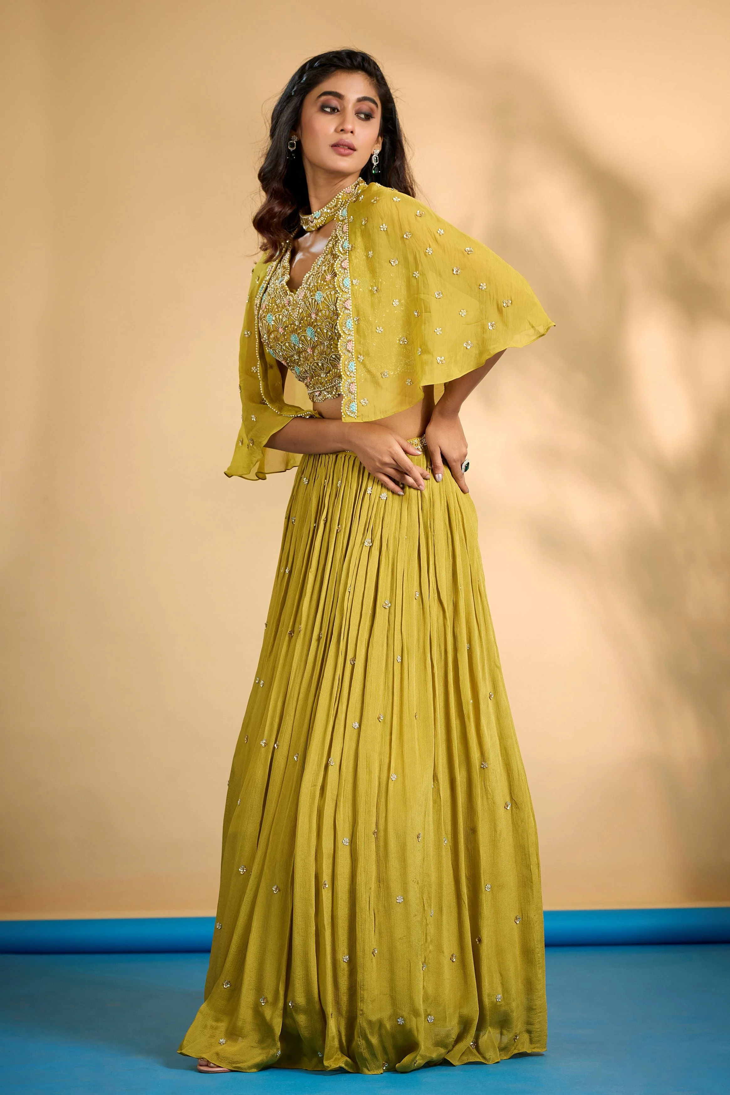 Lemon Yellow Embellished Chinon Silk Cape-Skirt Set - Image 3