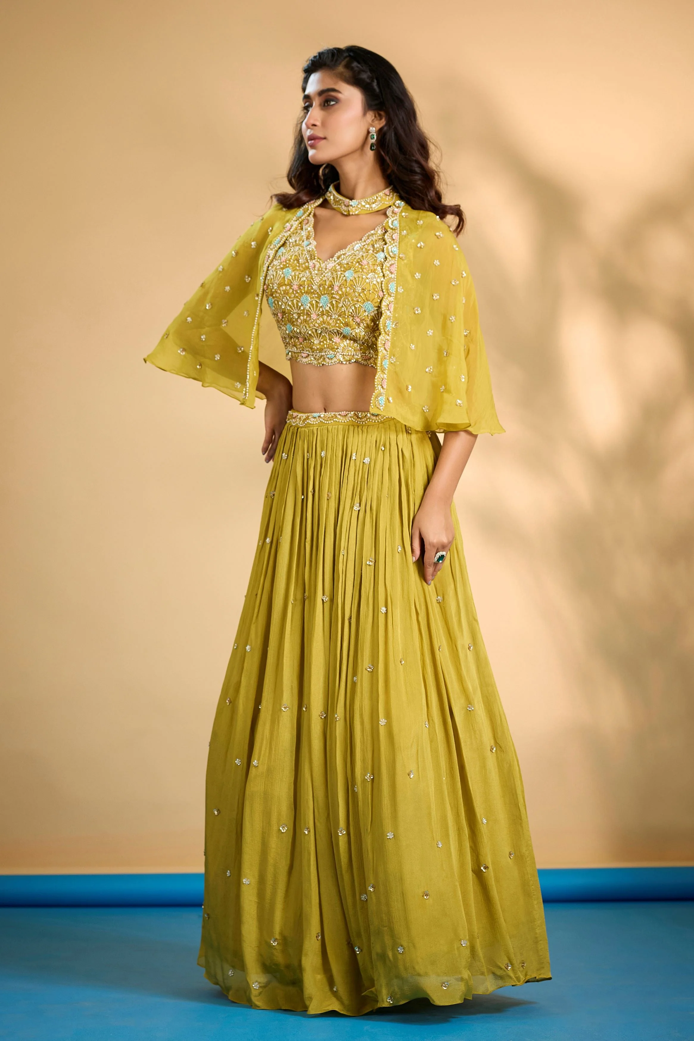 Lemon Yellow Embellished Chinon Silk Cape-Skirt Set - Image 4