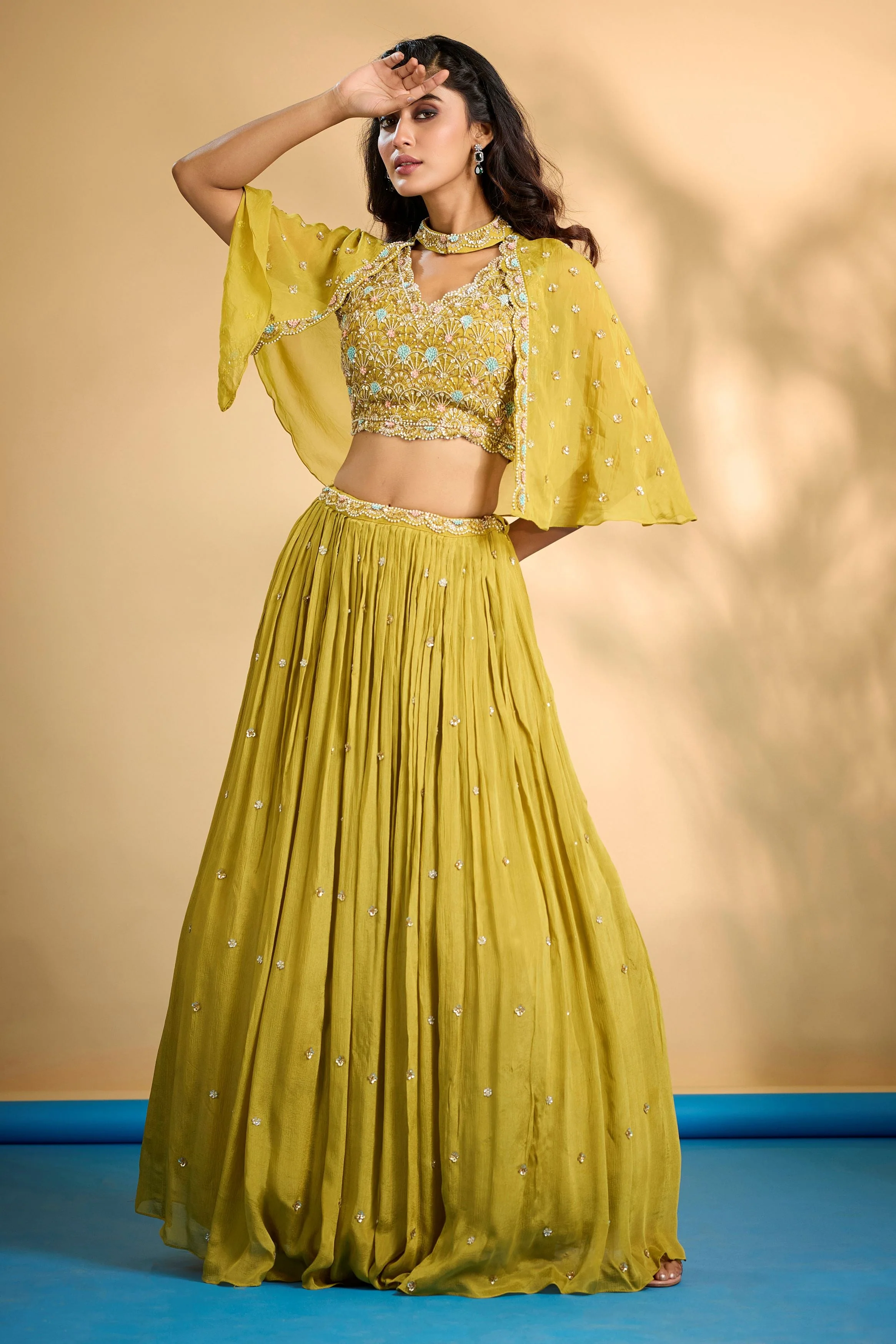 Lemon Yellow Embellished Chinon Silk Cape-Skirt Set - Image 5