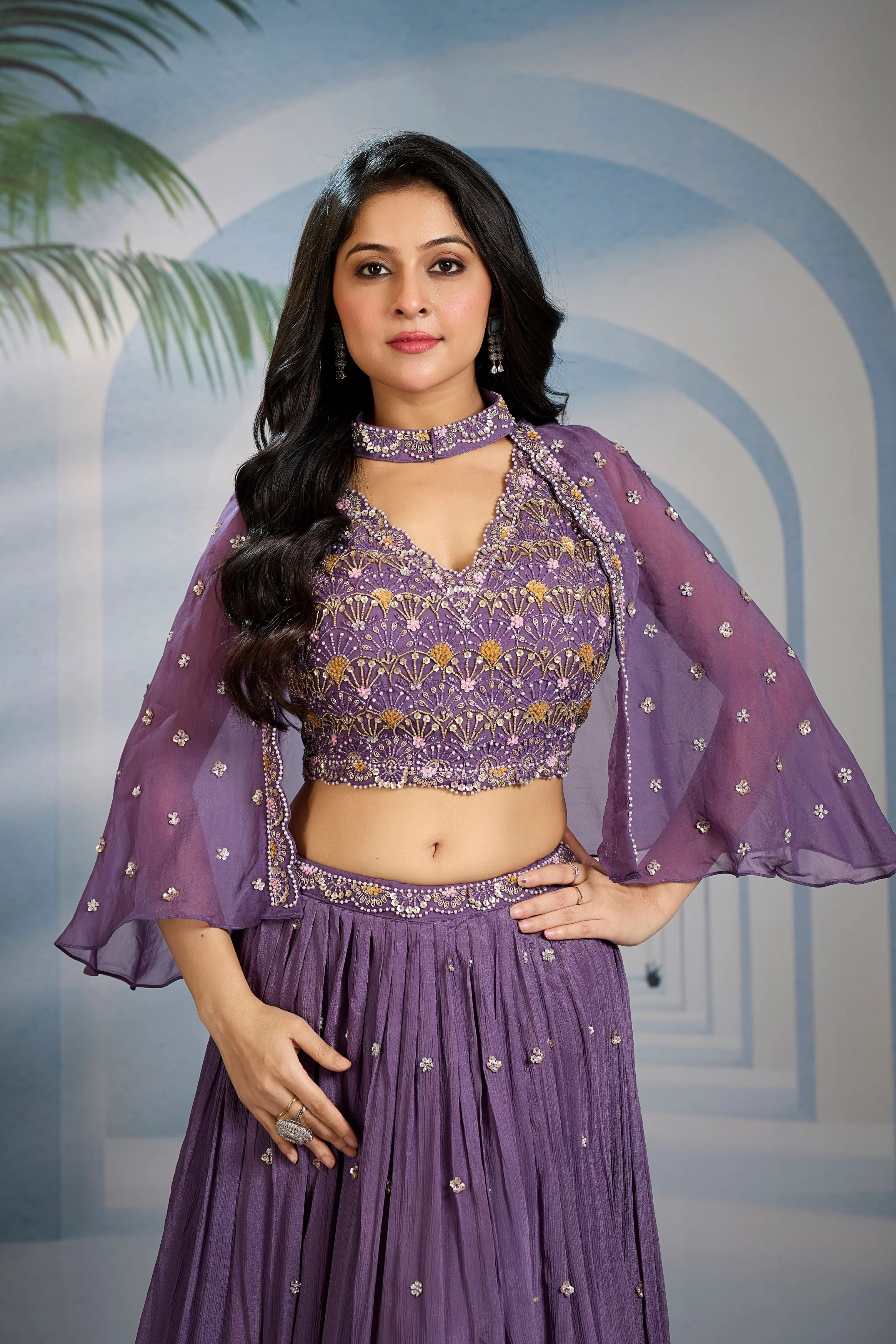 Purple Embellished Chinon Silk Cape-Skirt Set - Image 2
