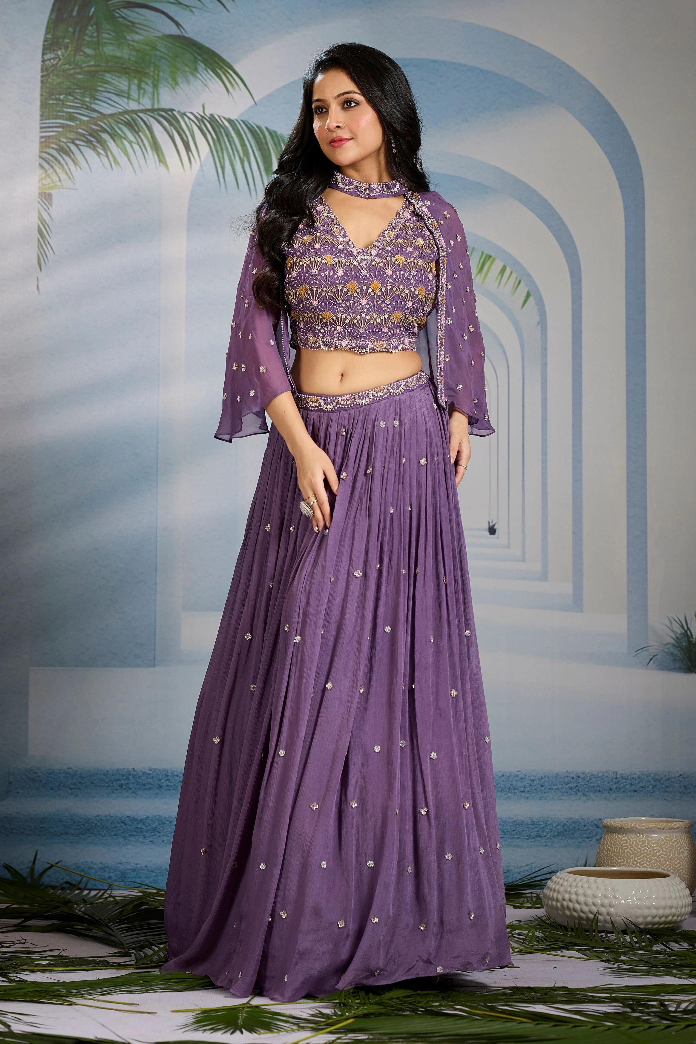 Purple Embellished Chinon Silk Cape-Skirt Set - Image 3