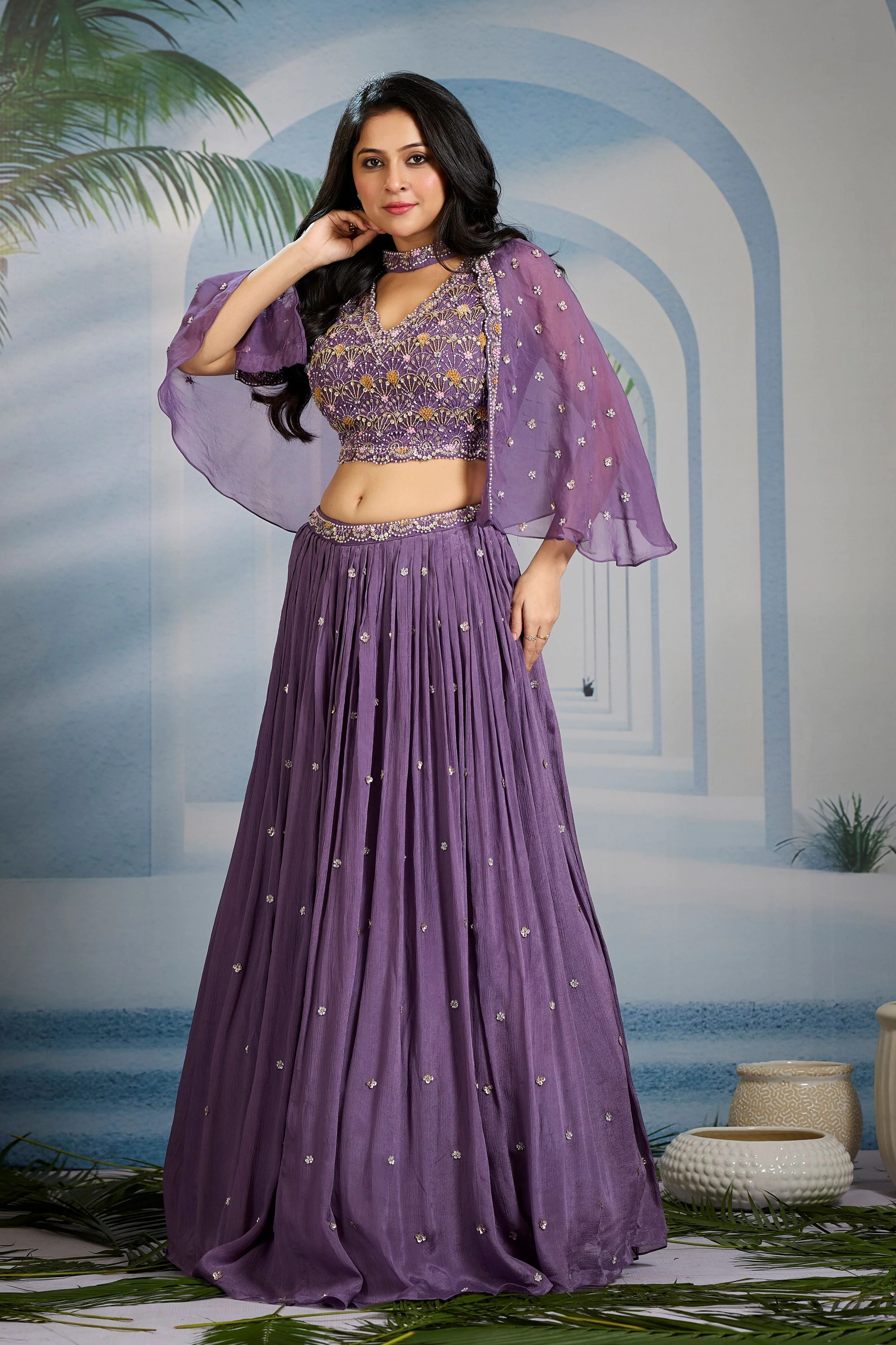 Purple Embellished Chinon Silk Cape-Skirt Set - Image 4
