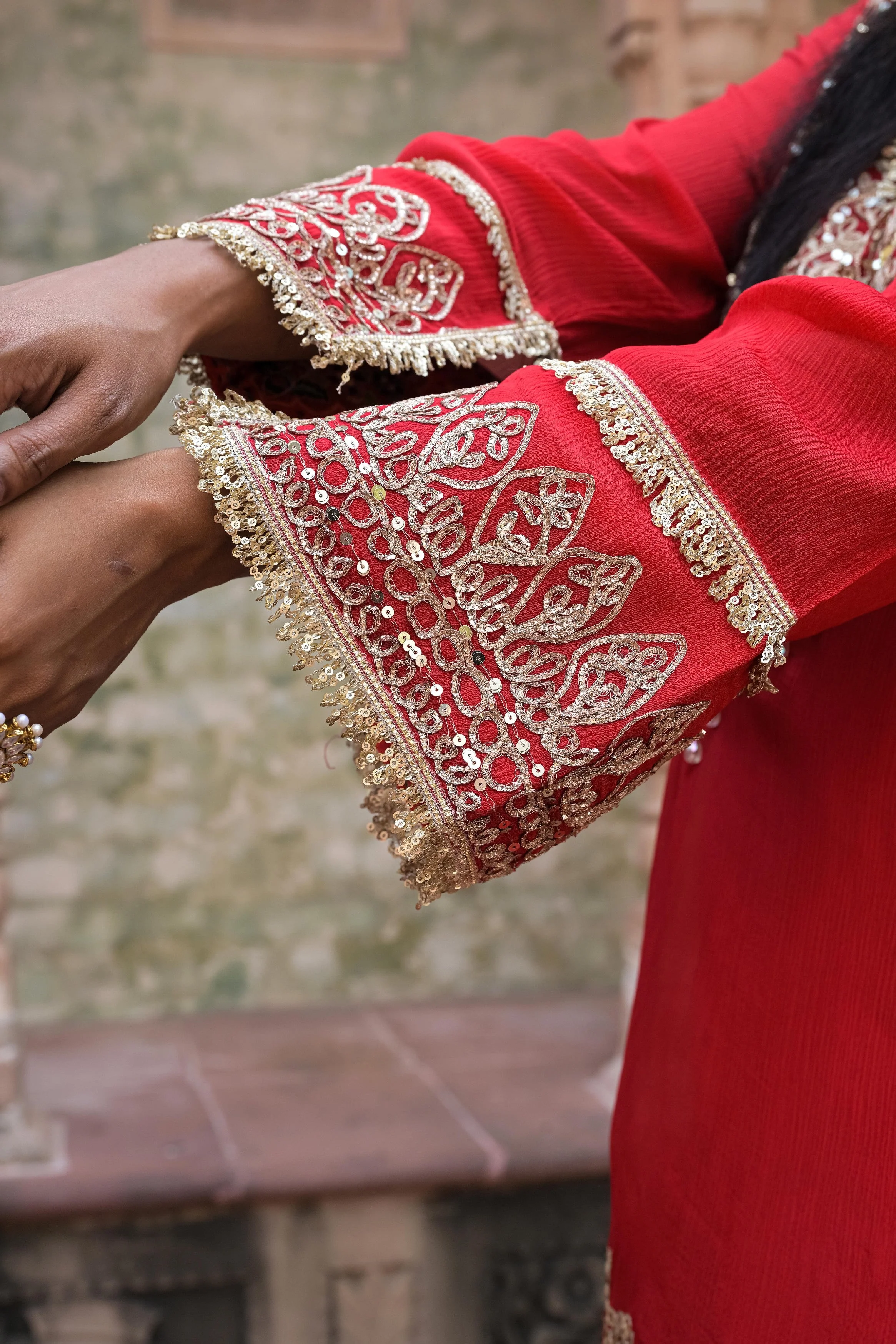 Bright Red Embellished Chinon Silk Sharara Set - Image 3