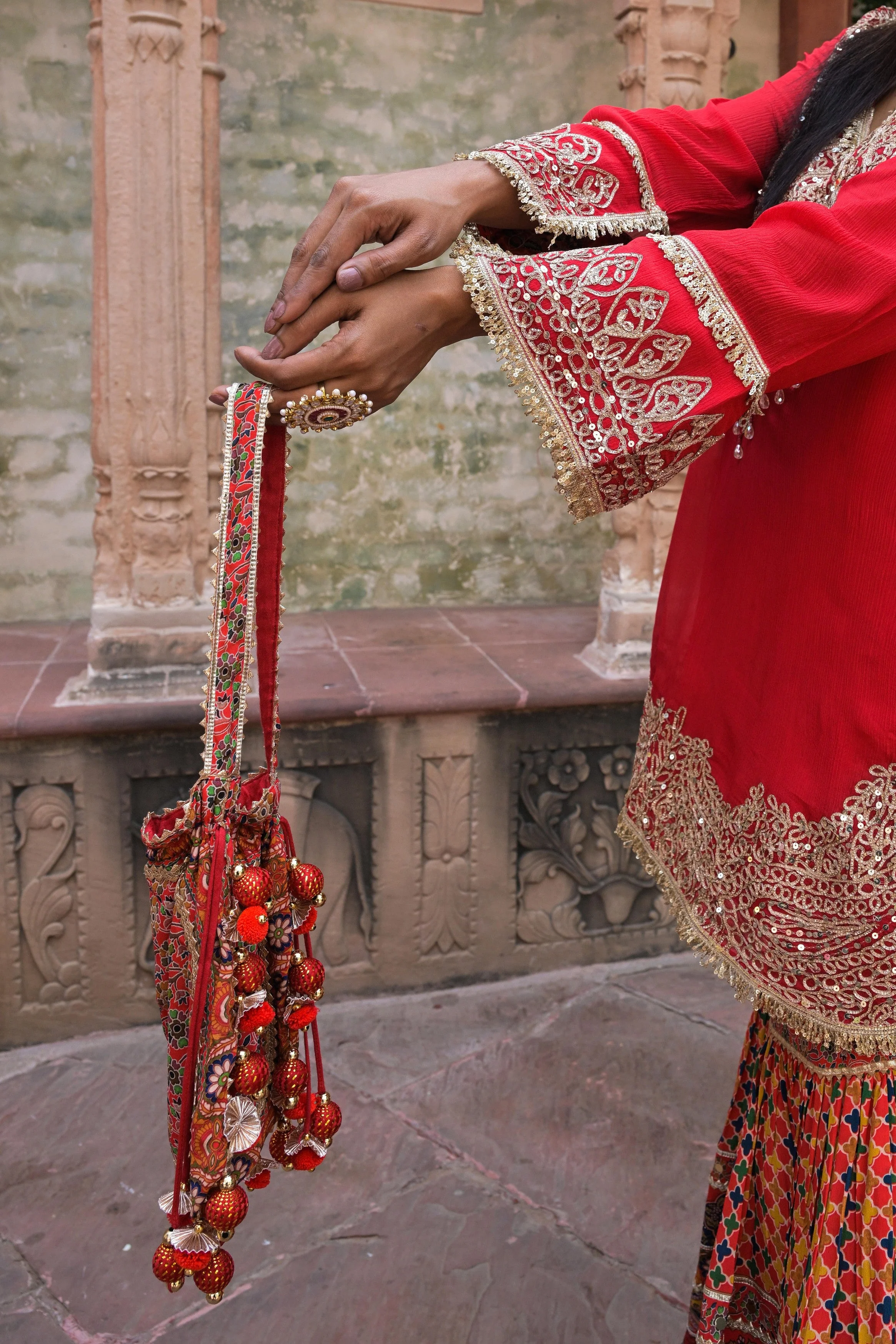 Bright Red Embellished Chinon Silk Sharara Set - Image 4