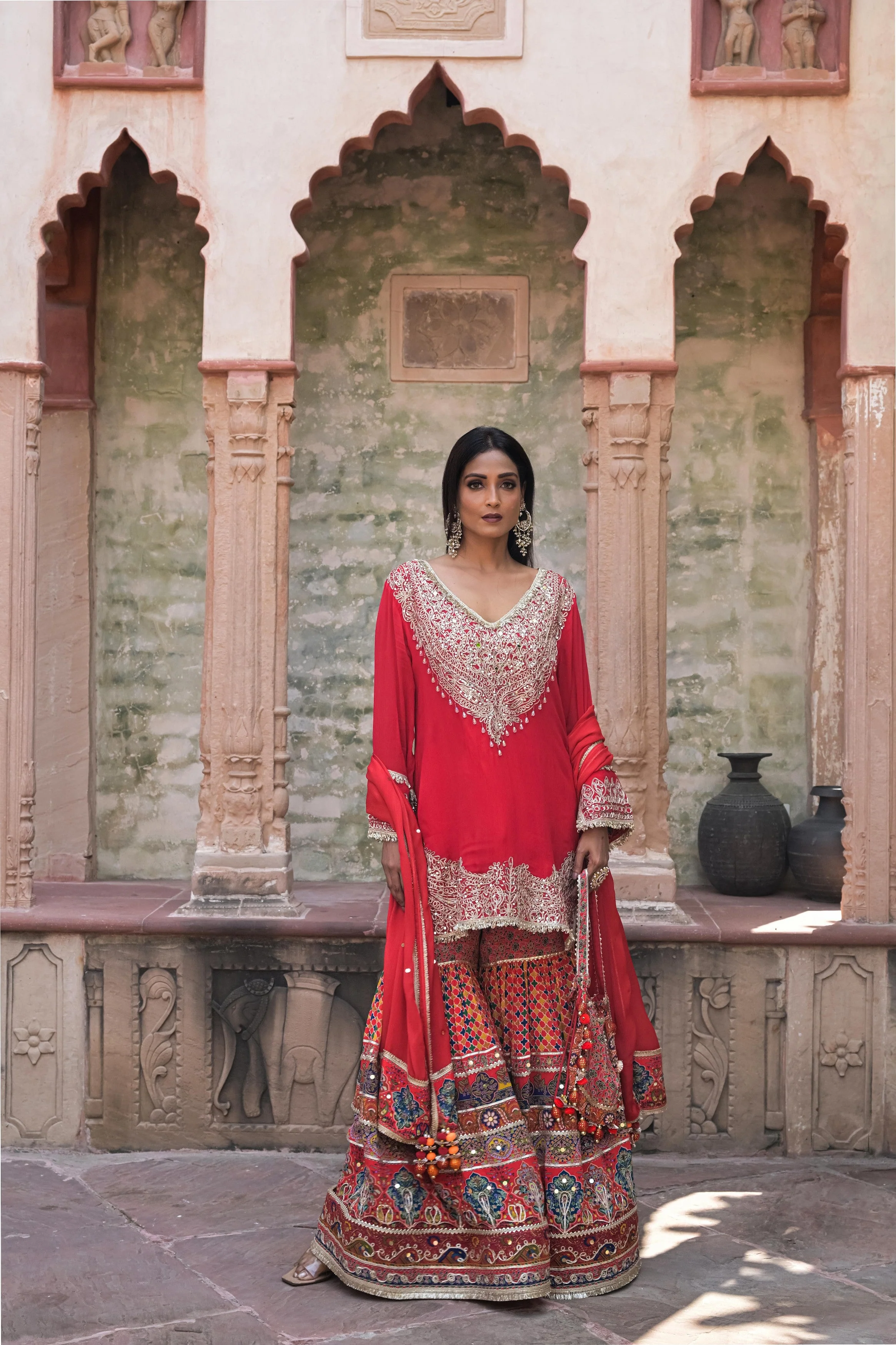 Bright Red Embellished Chinon Silk Sharara Set - Image 5