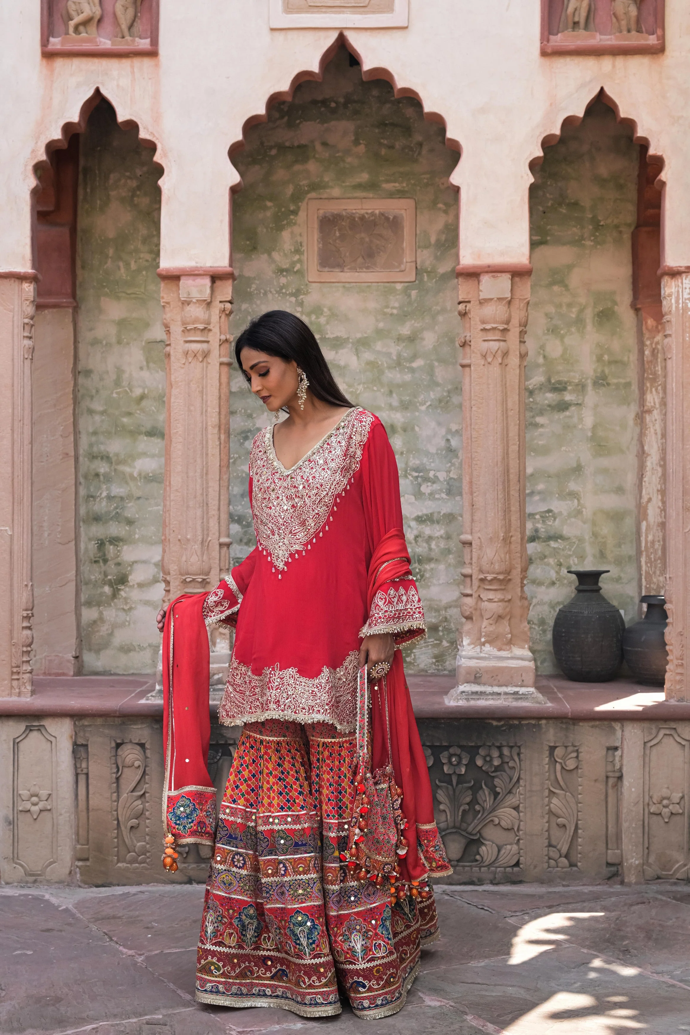 Bright Red Embellished Chinon Silk Sharara Set - Image 6