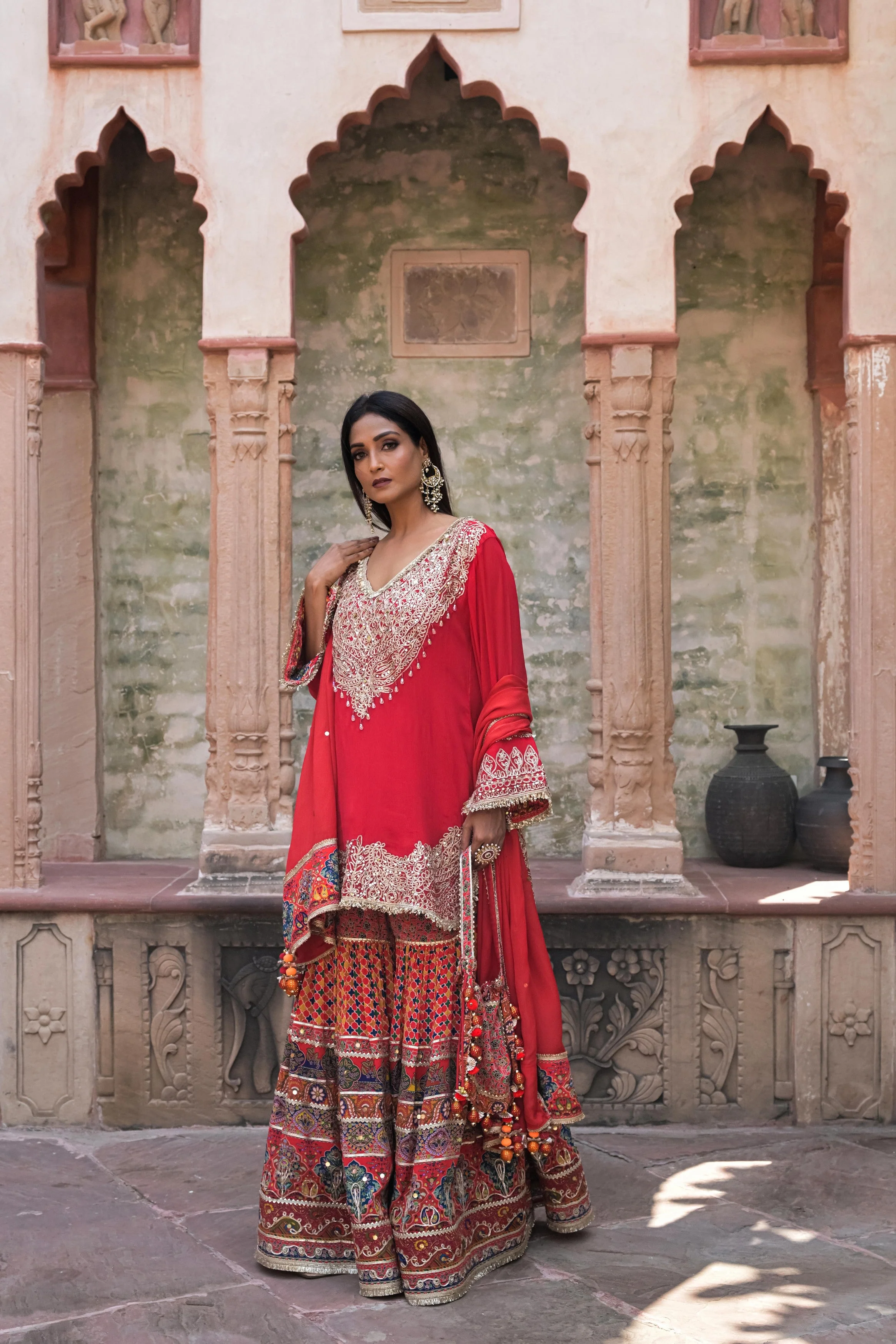 Bright Red Embellished Chinon Silk Sharara Set - Image 7
