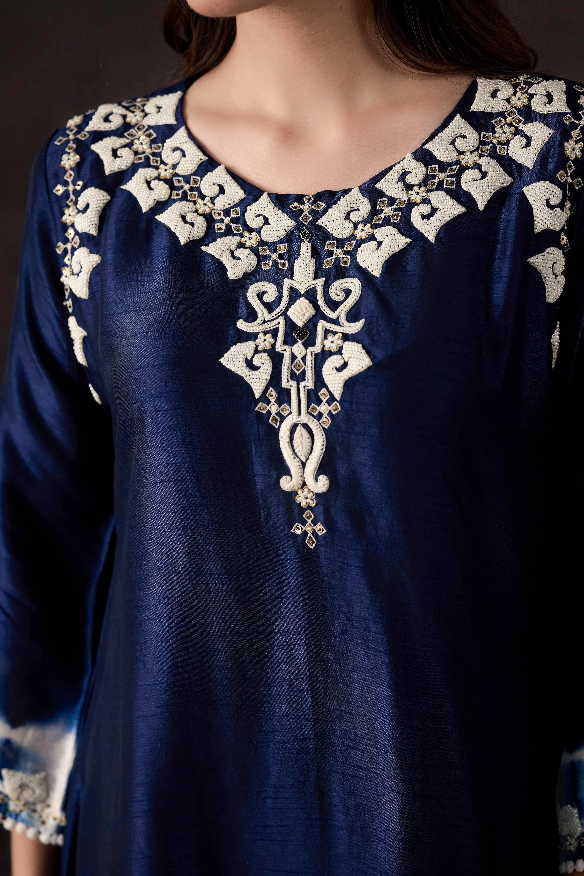 Dark Blue Embellished Raw Silk Kurta Set - Image 2