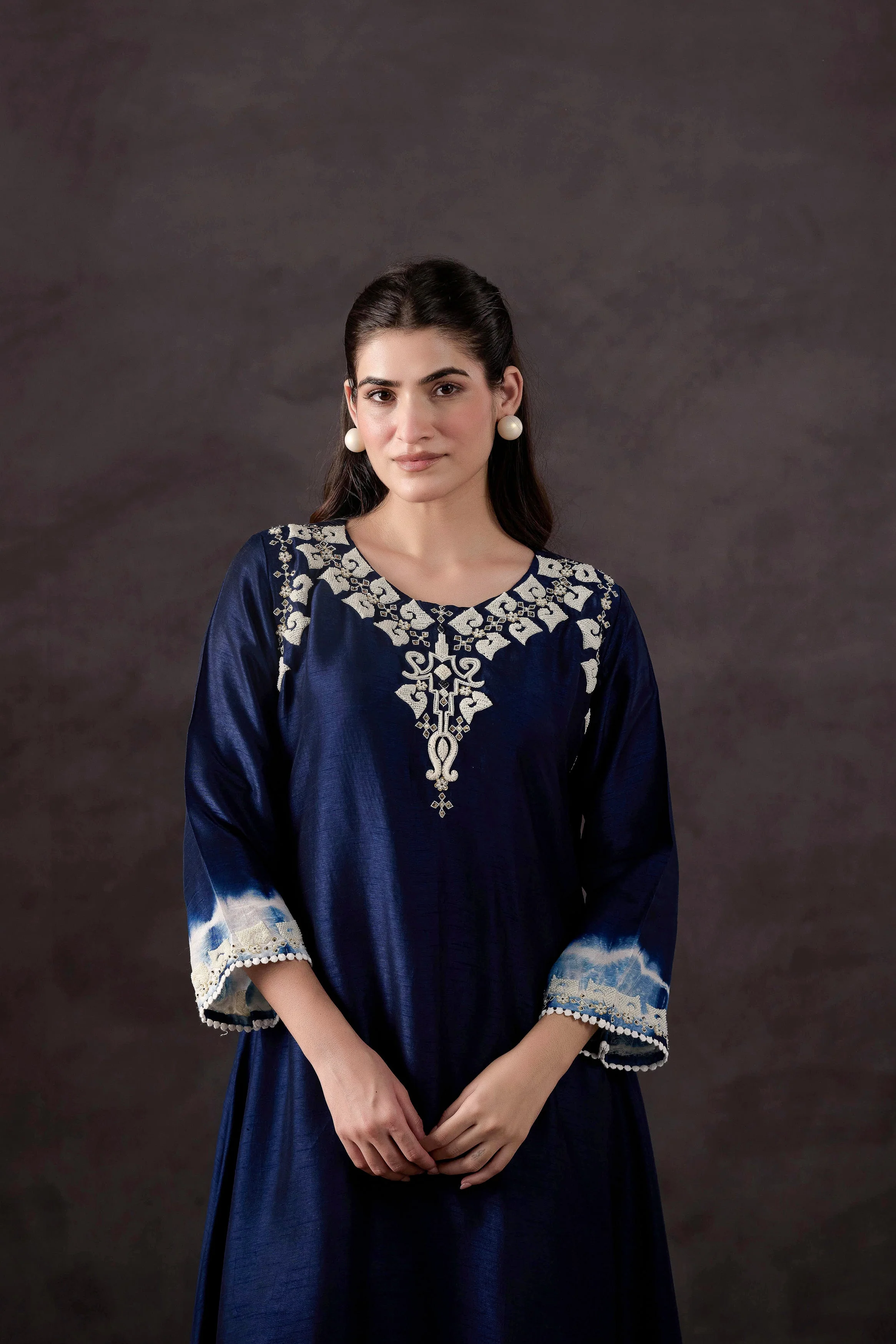 Dark Blue Embellished Raw Silk Kurta Set - Image 3