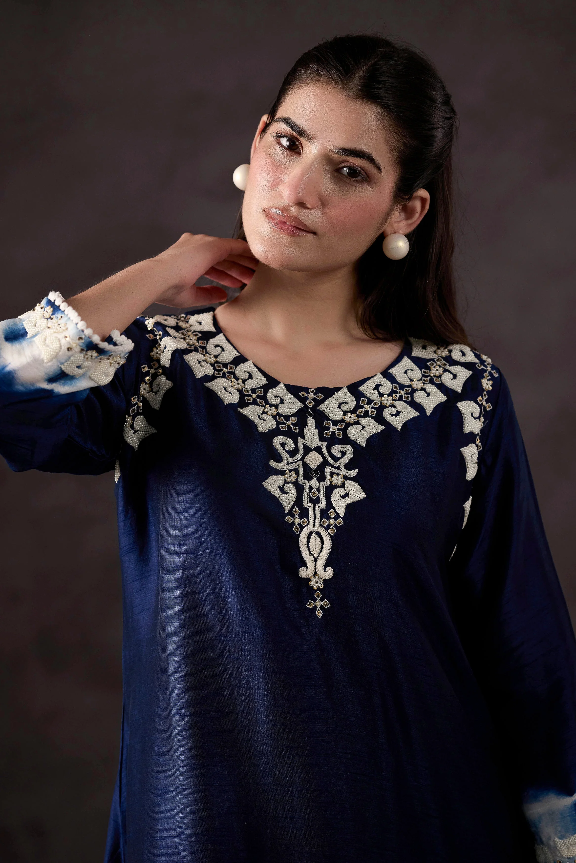 Dark Blue Embellished Raw Silk Kurta Set - Image 4