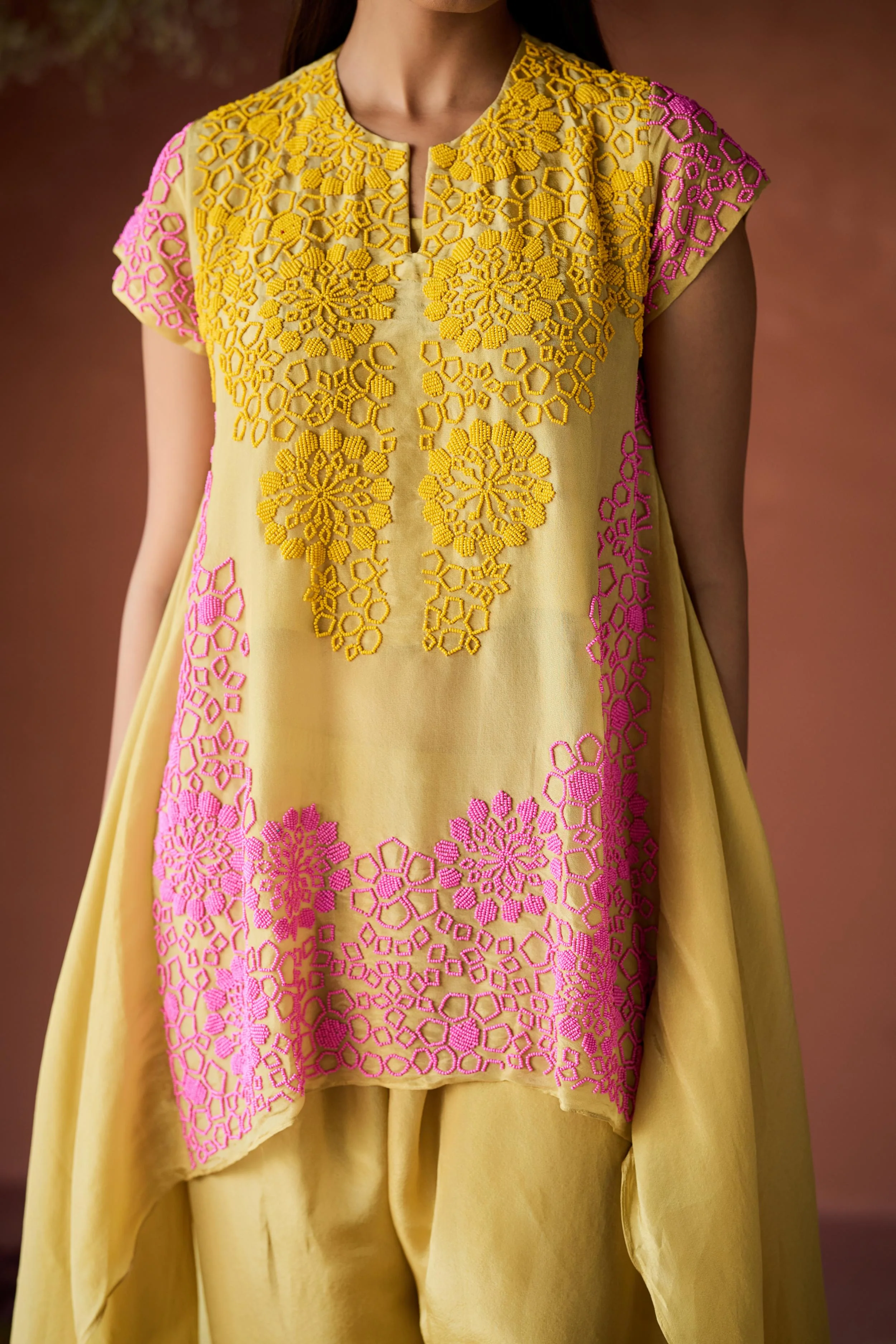 Lemon Yellow Embellished Shimmer Silk Co-Ord Set - Image 2