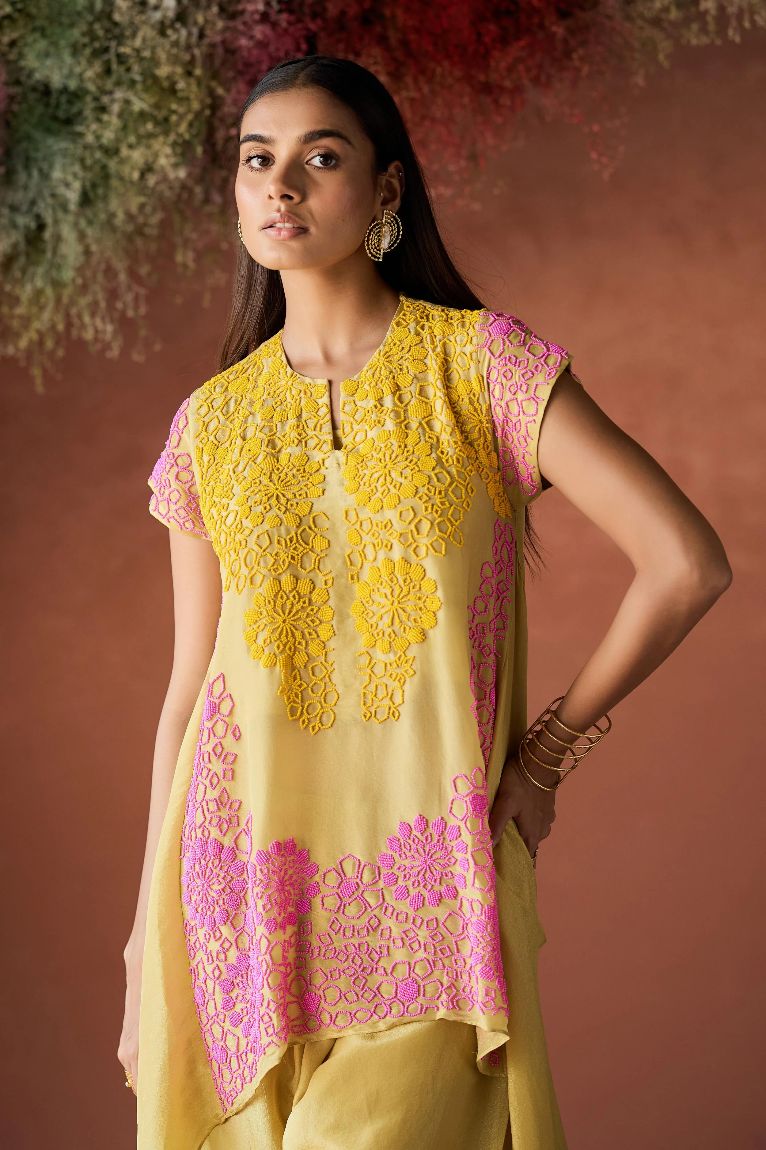 Lemon Yellow Embellished Shimmer Silk Co-Ord Set - Image 3