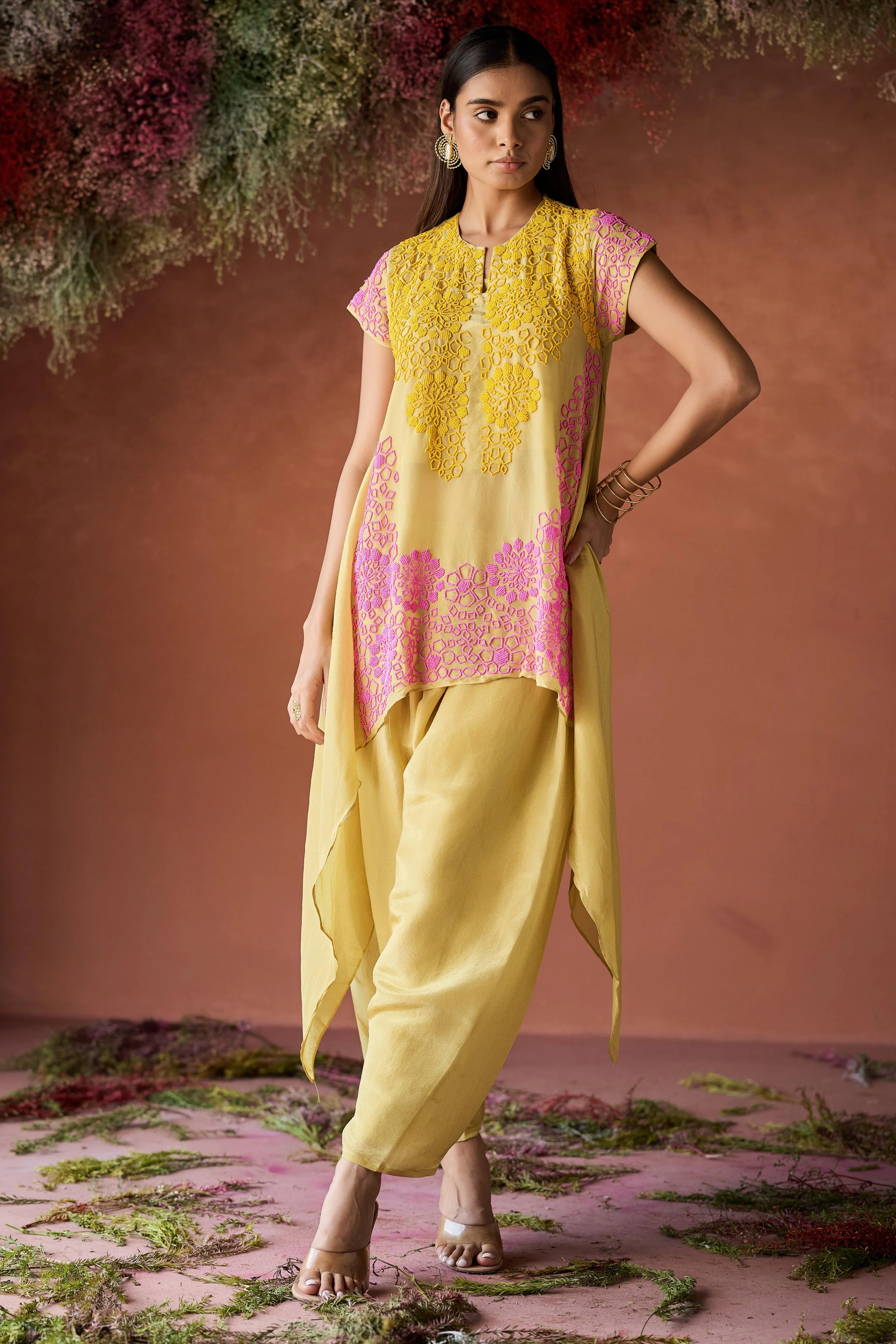 Lemon Yellow Embellished Shimmer Silk Co-Ord Set - Image 4