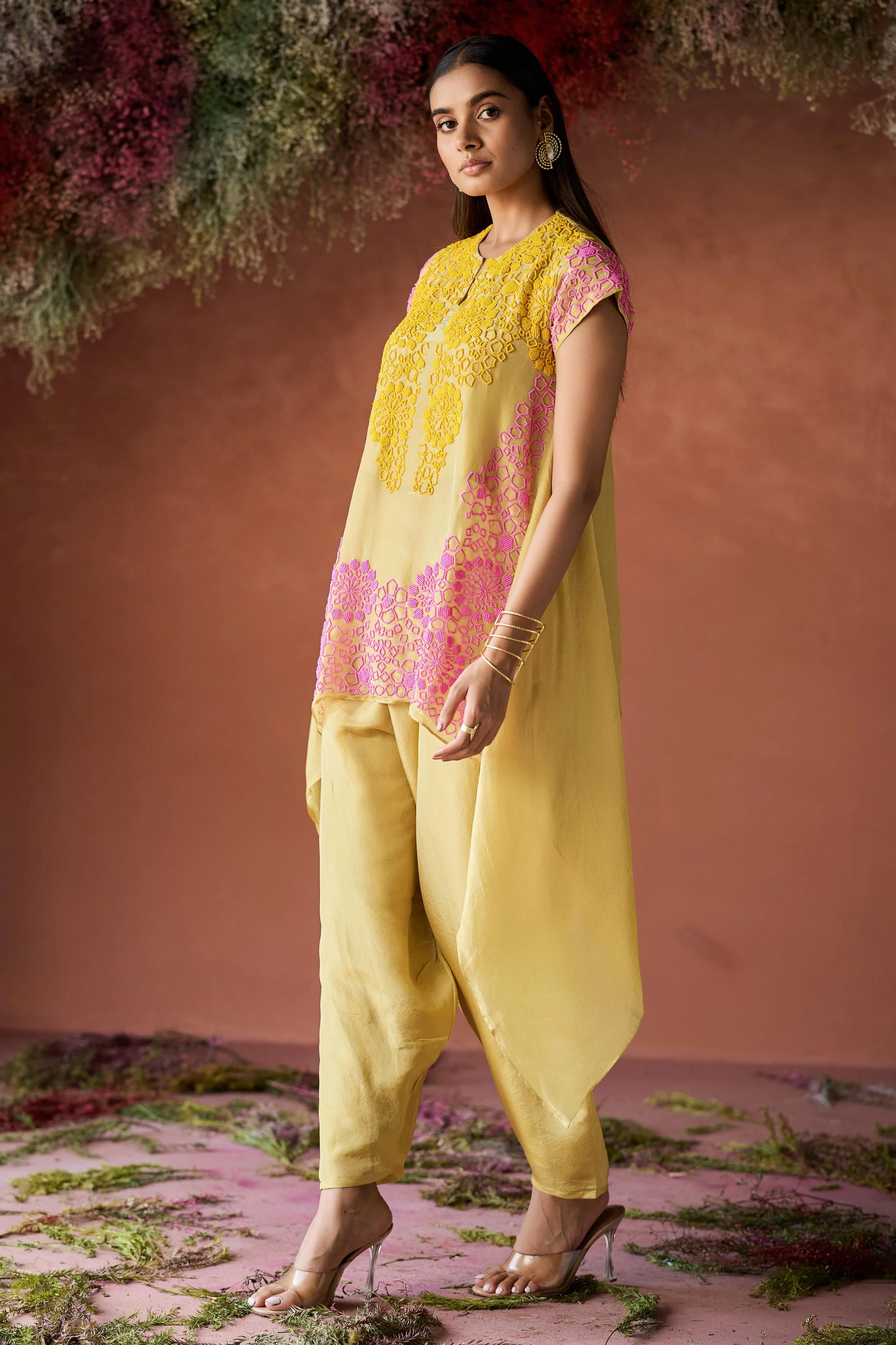 Lemon Yellow Embellished Shimmer Silk Co-Ord Set - Image 5