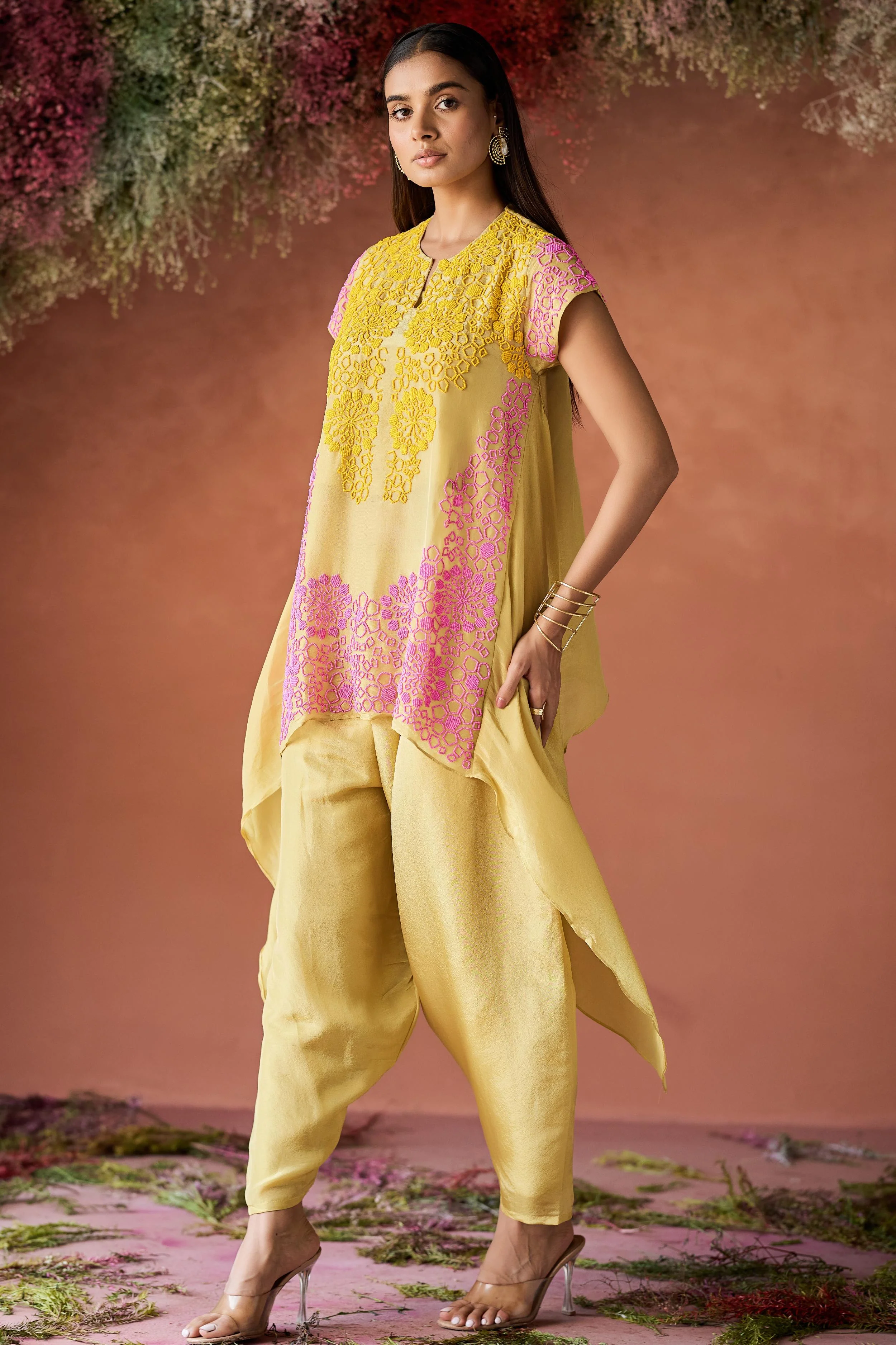 Lemon Yellow Embellished Shimmer Silk Co-Ord Set - Image 6