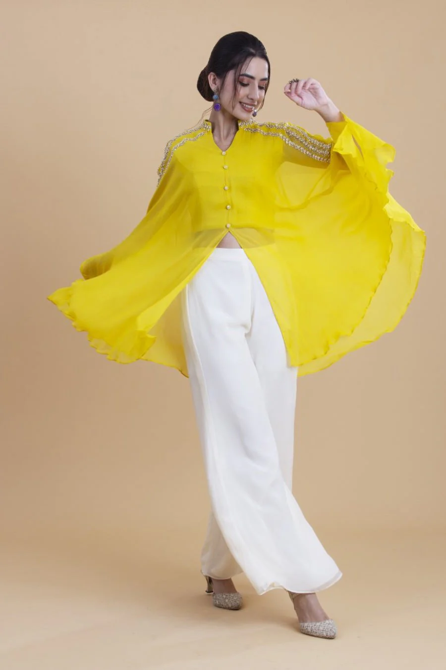 Lemon Yellow Georgette Cape Style Top And Palazzo Set - Image 3