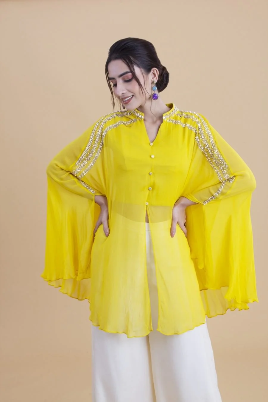 Lemon Yellow Georgette Cape Style Top And Palazzo Set - Image 4