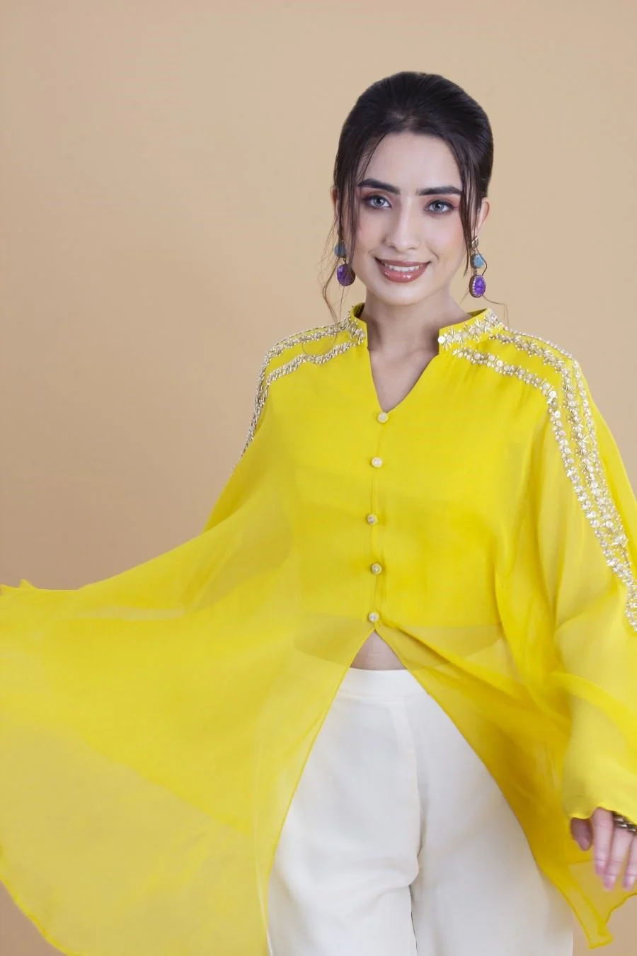 Lemon Yellow Georgette Cape Style Top And Palazzo Set - Image 5