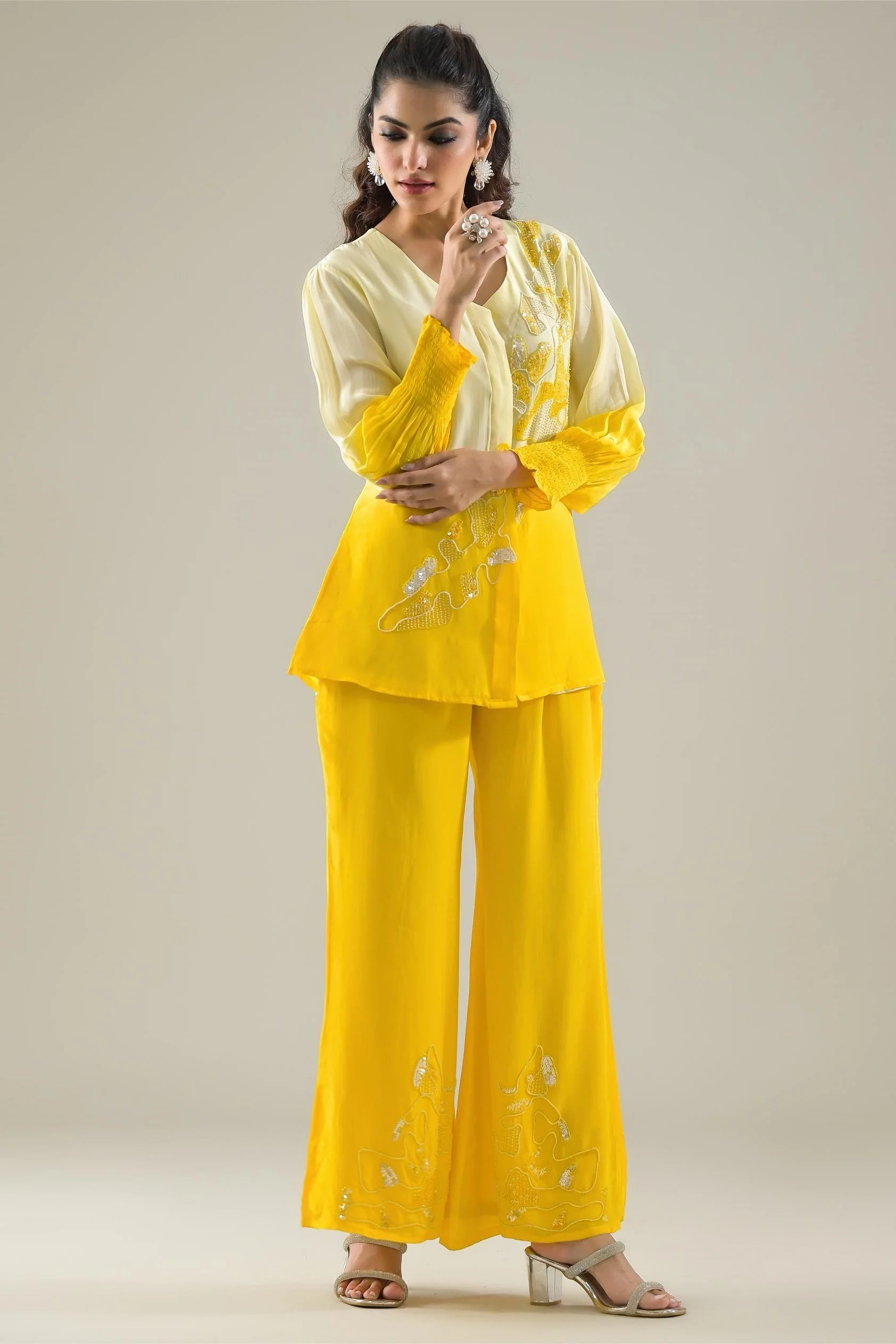 Lemon Yellow Ombre-Dyed Habutai Silk Palazzo Set - Image 3