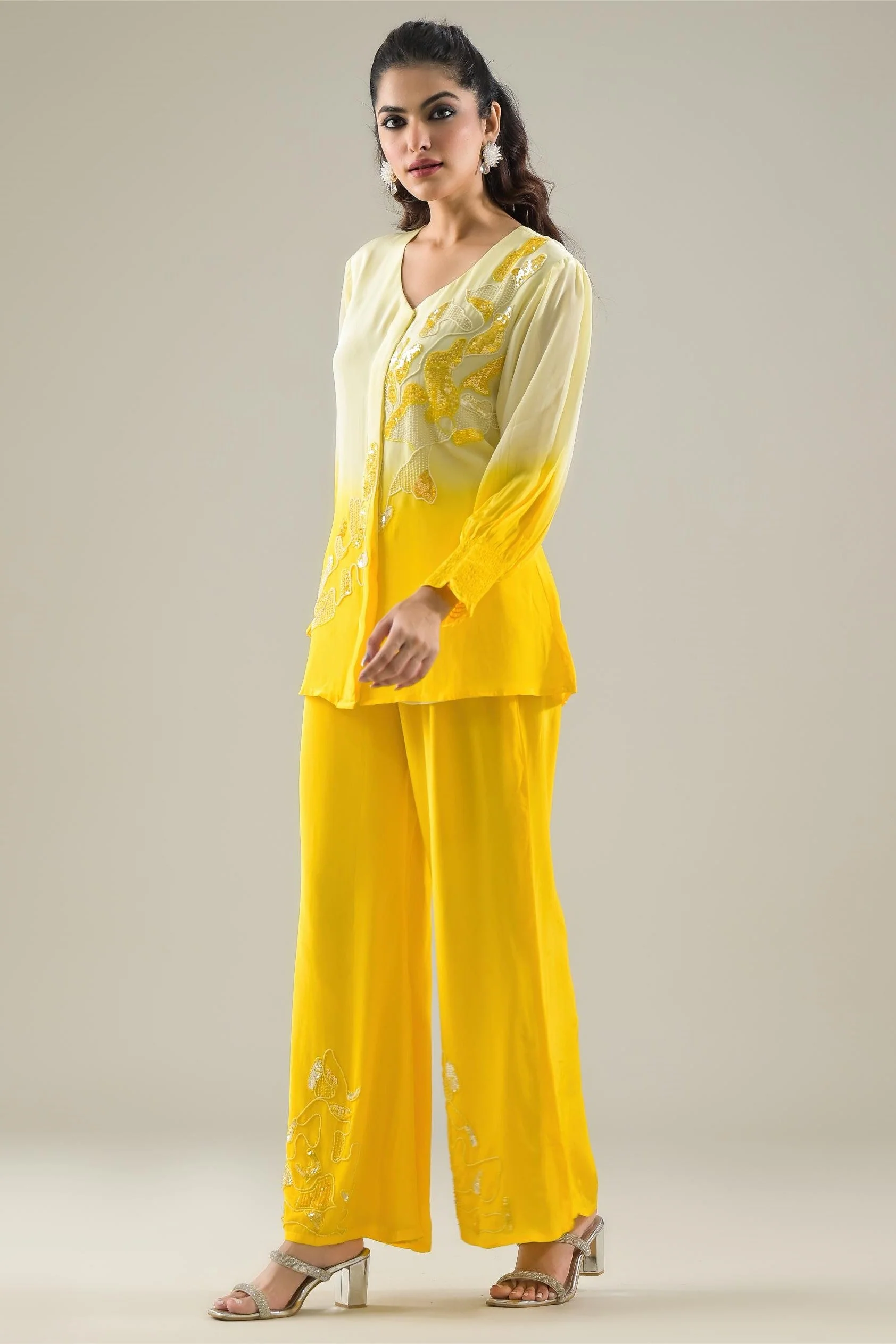 Lemon Yellow Ombre-Dyed Habutai Silk Palazzo Set - Image 4