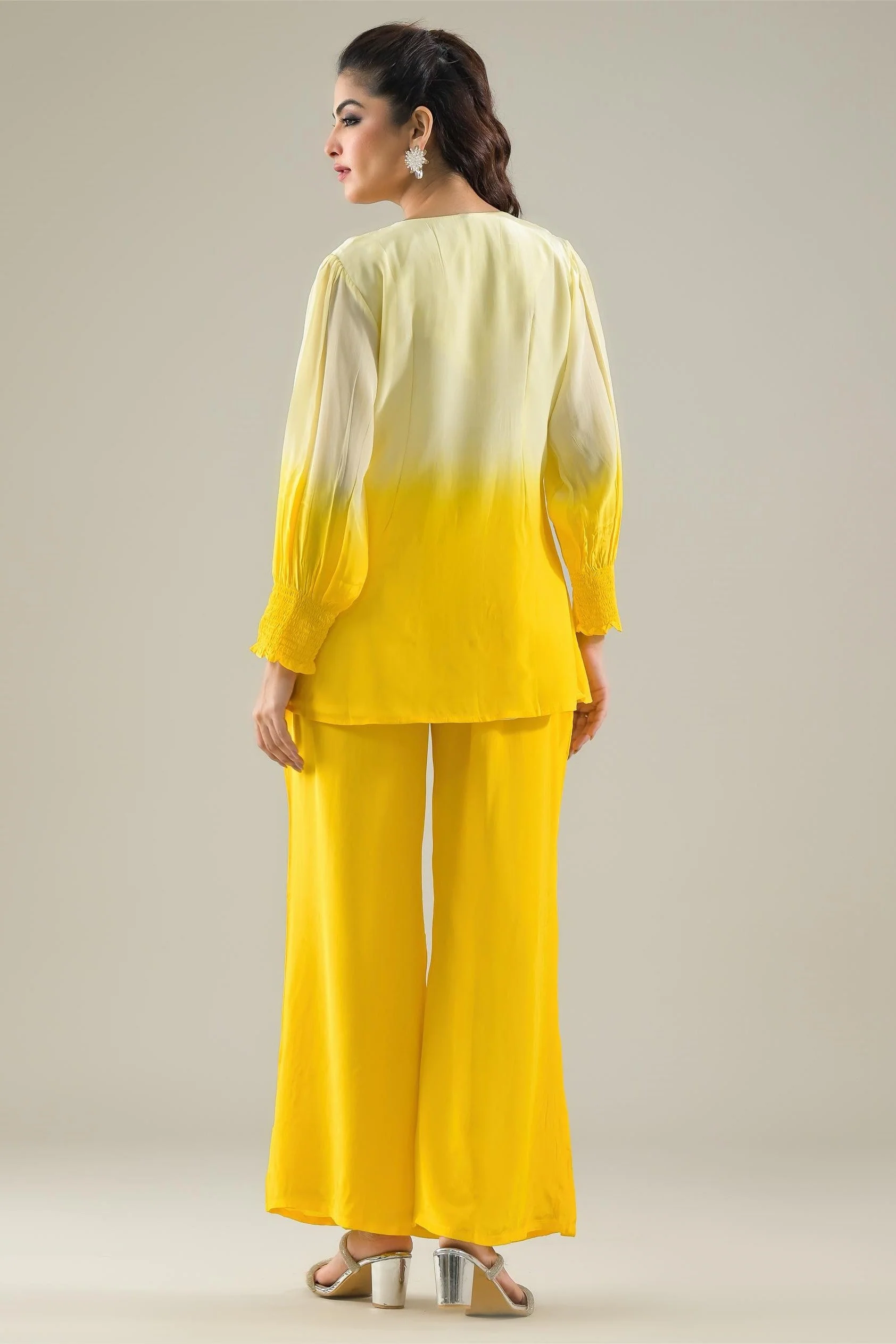 Lemon Yellow Ombre-Dyed Habutai Silk Palazzo Set - Image 5