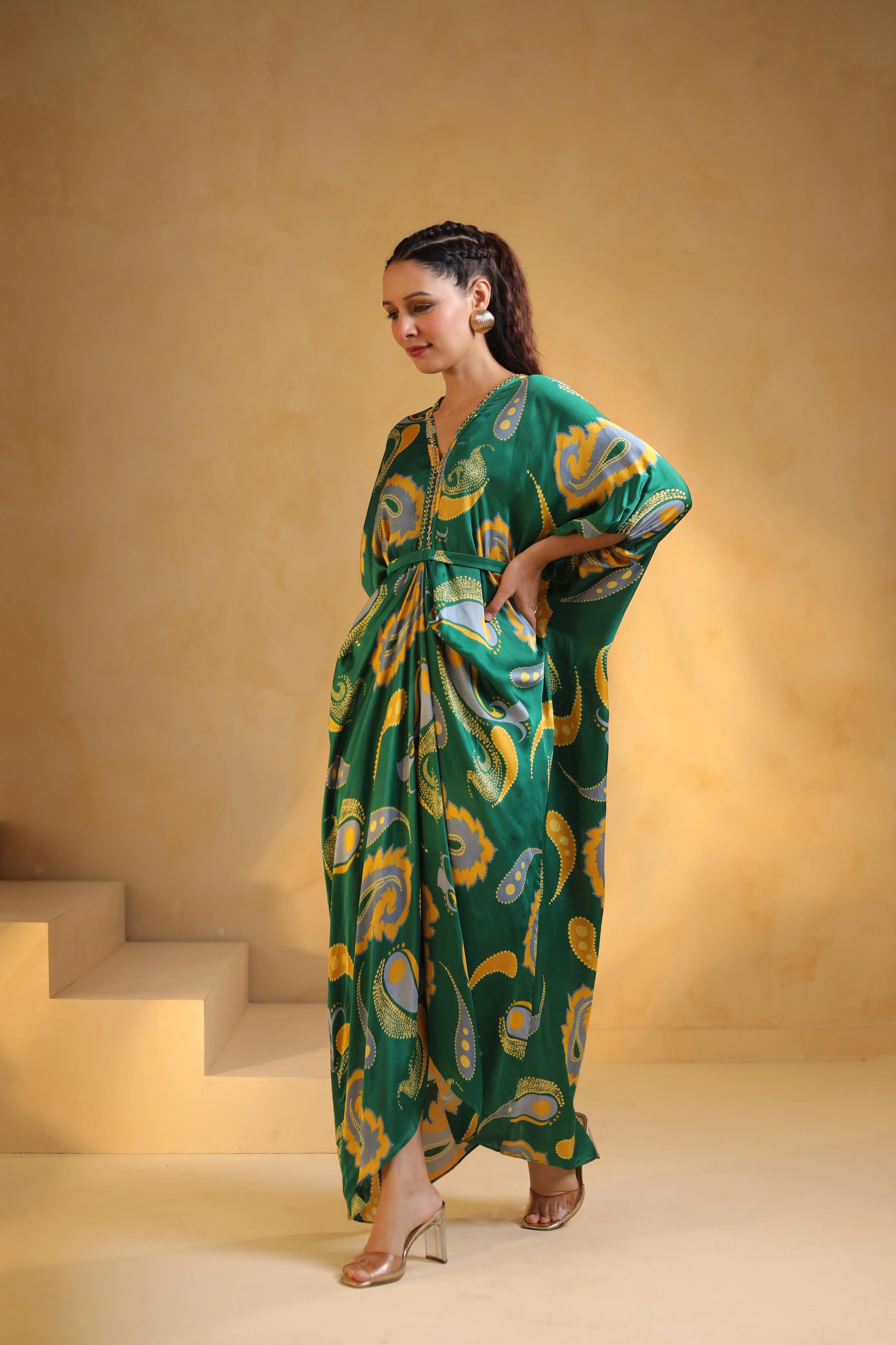 Rich Green Printed Modal Satin Dress - Image 3