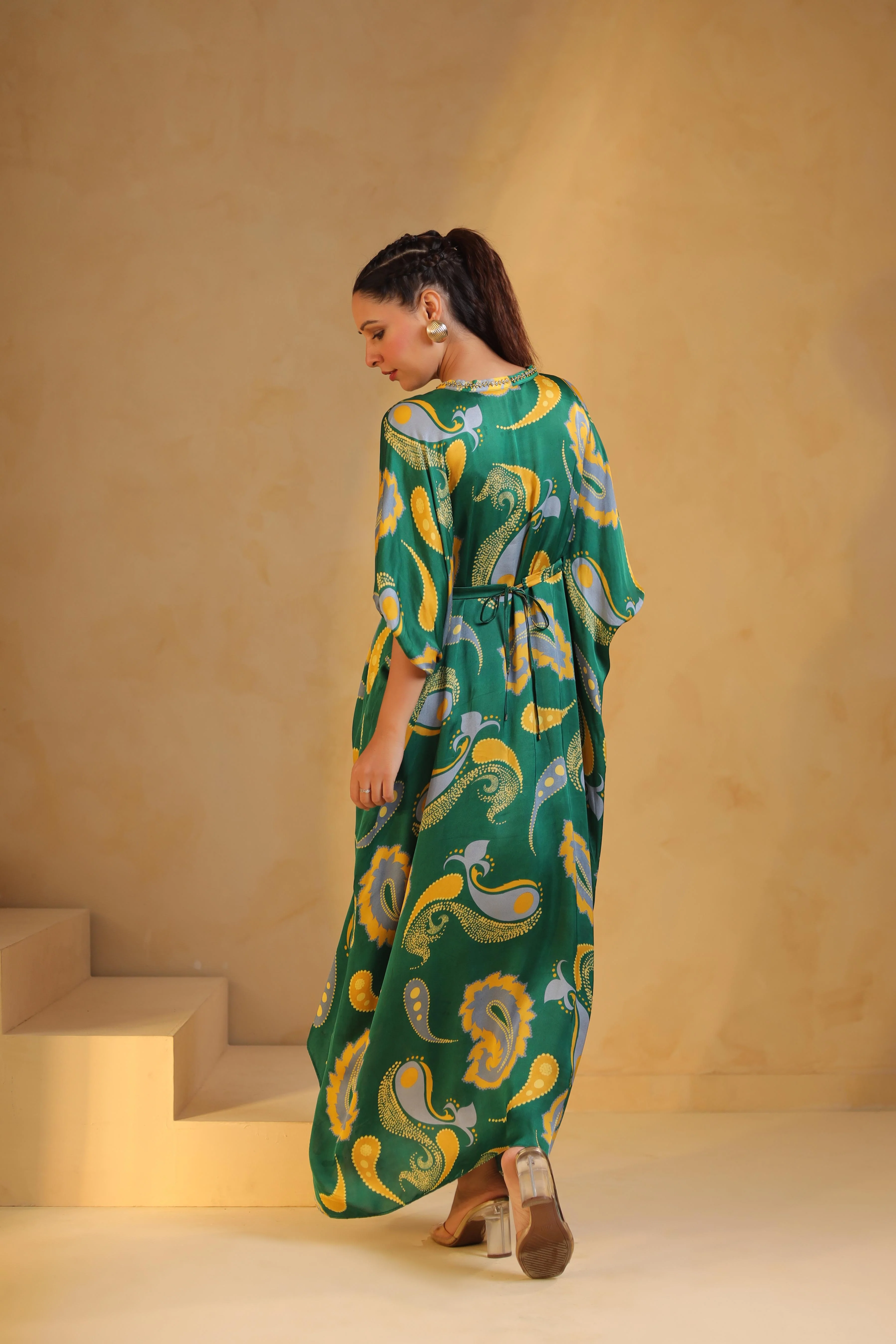 Rich Green Printed Modal Satin Dress - Image 4
