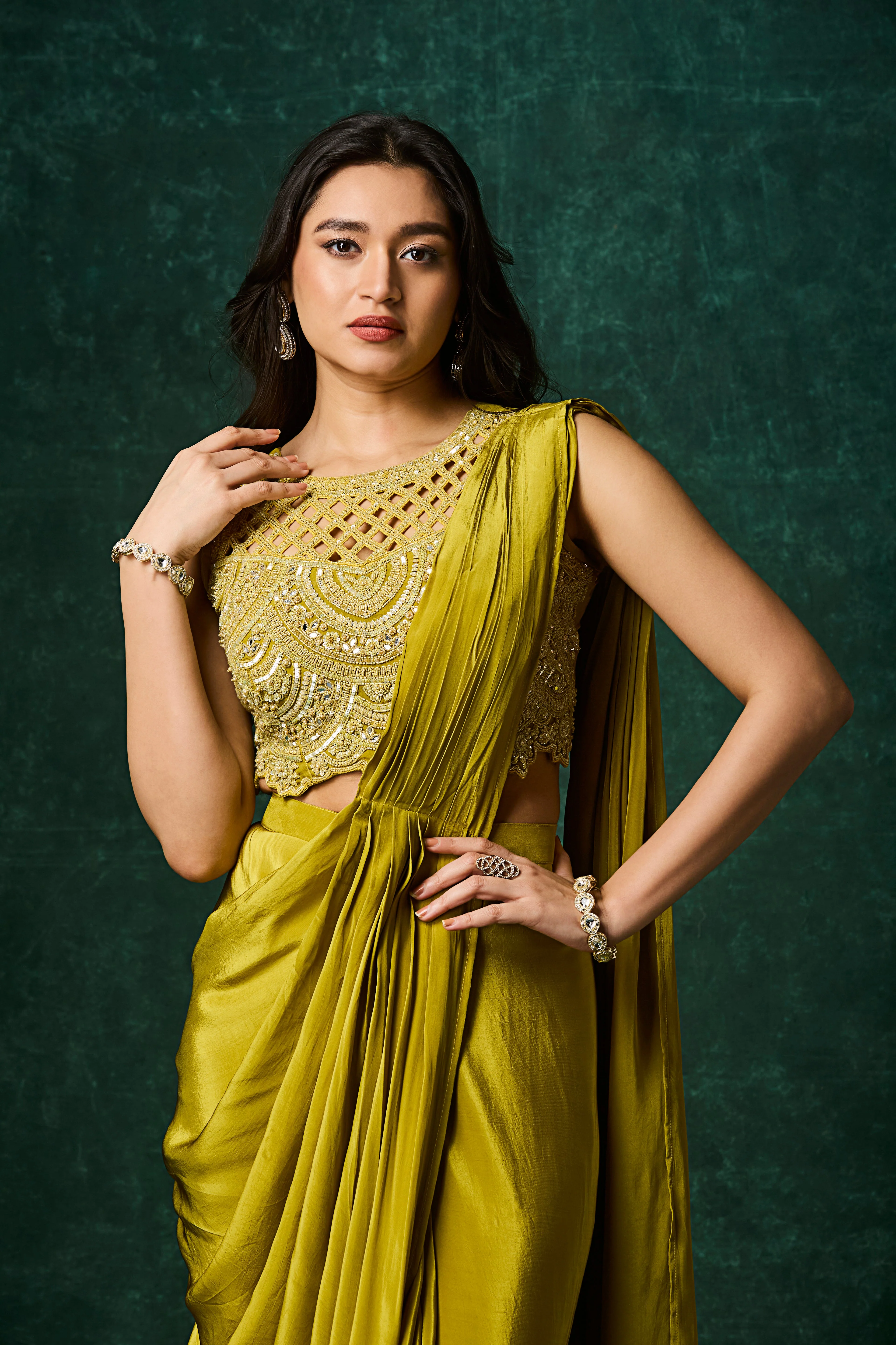 Chartreuse Green Embellished Crepe Silk Drape Saree - Image 2