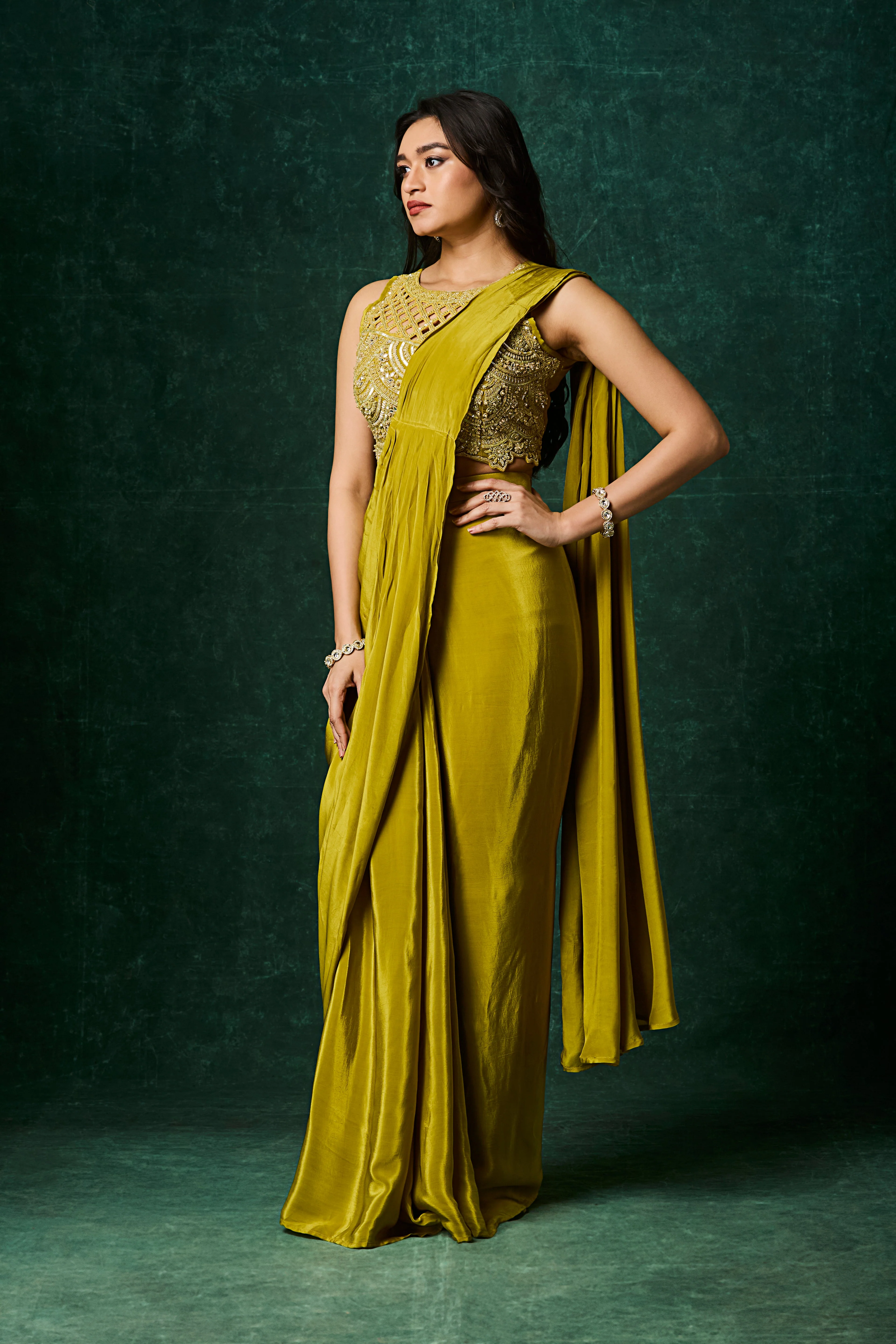 Chartreuse Green Embellished Crepe Silk Drape Saree - Image 3